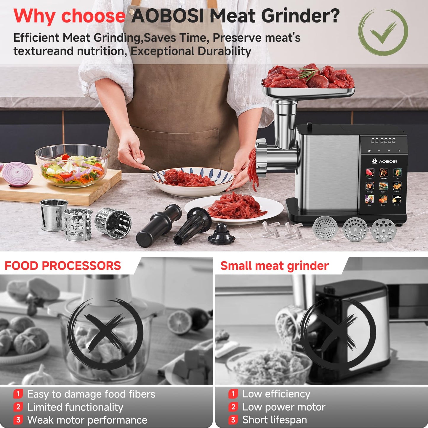 AAOBOSI Multifunctional Digital Meat Grinder Electric 3000W Max w/ 9 Touch Screen Presets, Auto-Reverse & Built-in Storage -Grinding, Sausage & Kibbe & Grate Cheese Making for Home Use