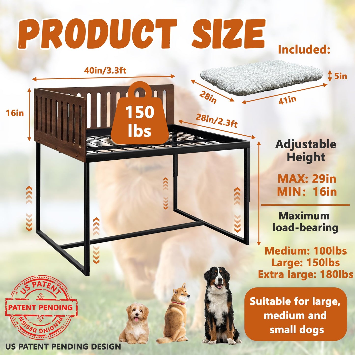 Beside Dog Bed,2 Panel Adjustable Height Dog Bunk Beds,40''x28'' Metal Dogs Bed Frame with Cushion,Large
