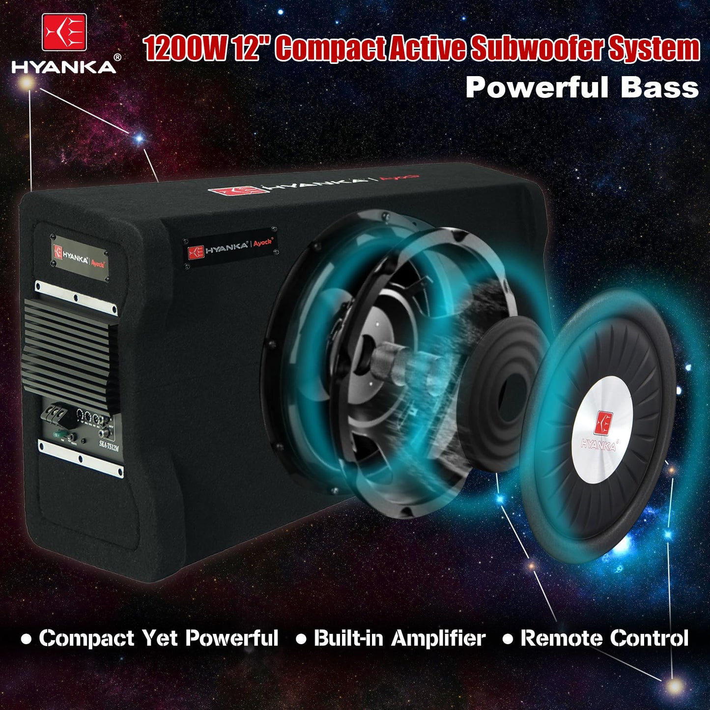 H YANKA SKA-TS12M 12" Compact Active Subwoofer System, 1200W Car Audio Bass Subwoofer, 300W RMS SUB with Built-in Amplifier, Easy Installation, Powerful Deep Bass for Car Trunk