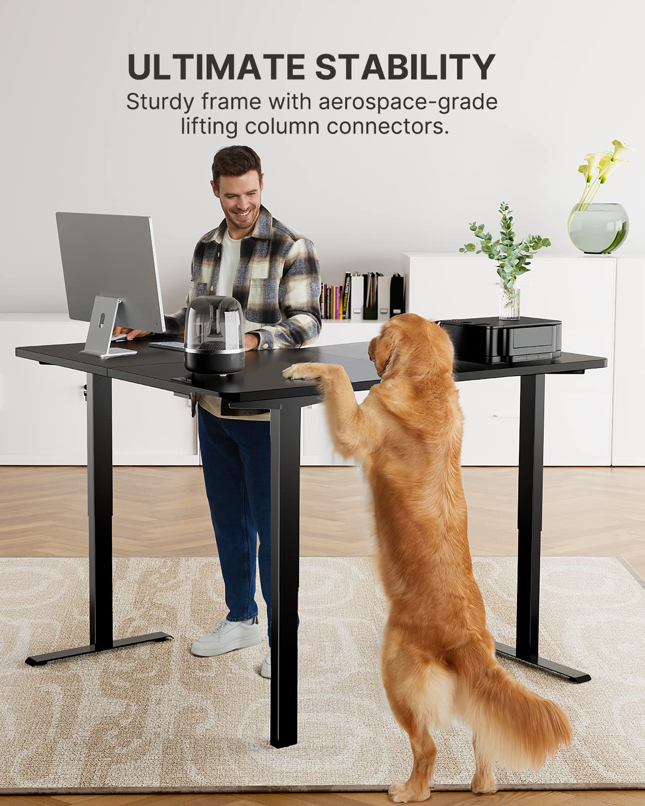 Totnz L Shaped Electric Standing Desk Adjustable Height with 4-in 1 Electical Outlet, 63x55 Inch Standing Desk with Headphone Hook, Stand up Desk for Home Office Sturdy Writing Workstation Black