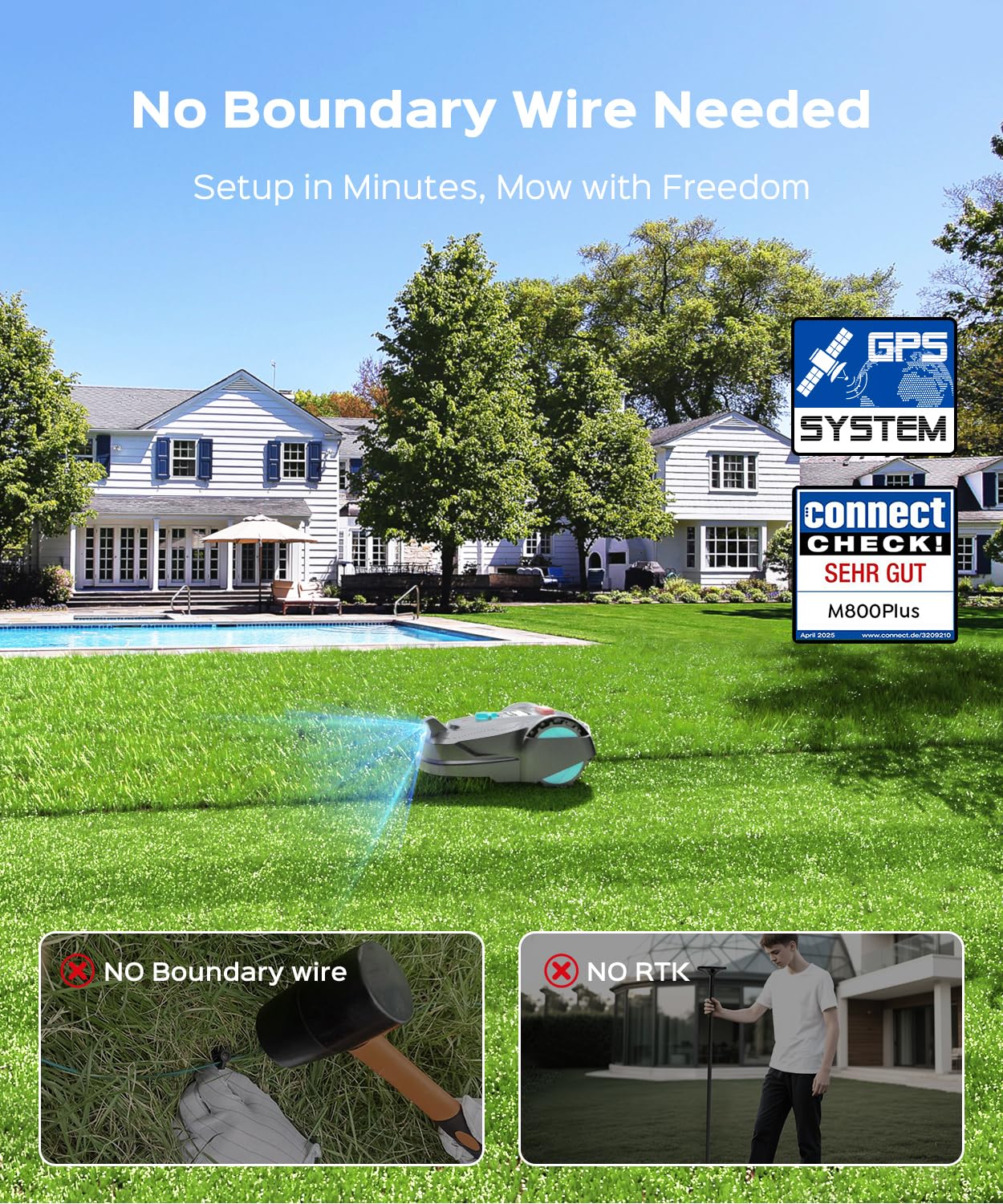 YARDCARE New M800Plus Robot Lawn Mower, GPS & 3D Vision, APP Control, Obstacle Avoidance, Auto-Charging, Bow-Shaped Mowing for Lawns up to 8611 sq.ft (1/5 Acre), with 32.8 ft Magnetic Stripe