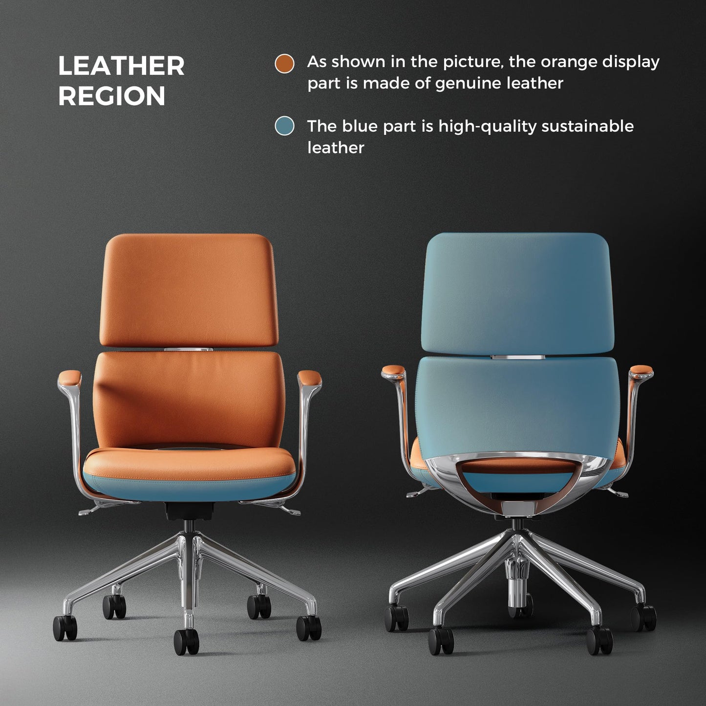 TOMU Genuine Leather Office Desk Chair with Wheels, Ergonomic Leather Executive Chair, Mid Back, Swivel Base with Adjustable Tilt, Modern Style, Luxury Aluminum Frame (Orange)