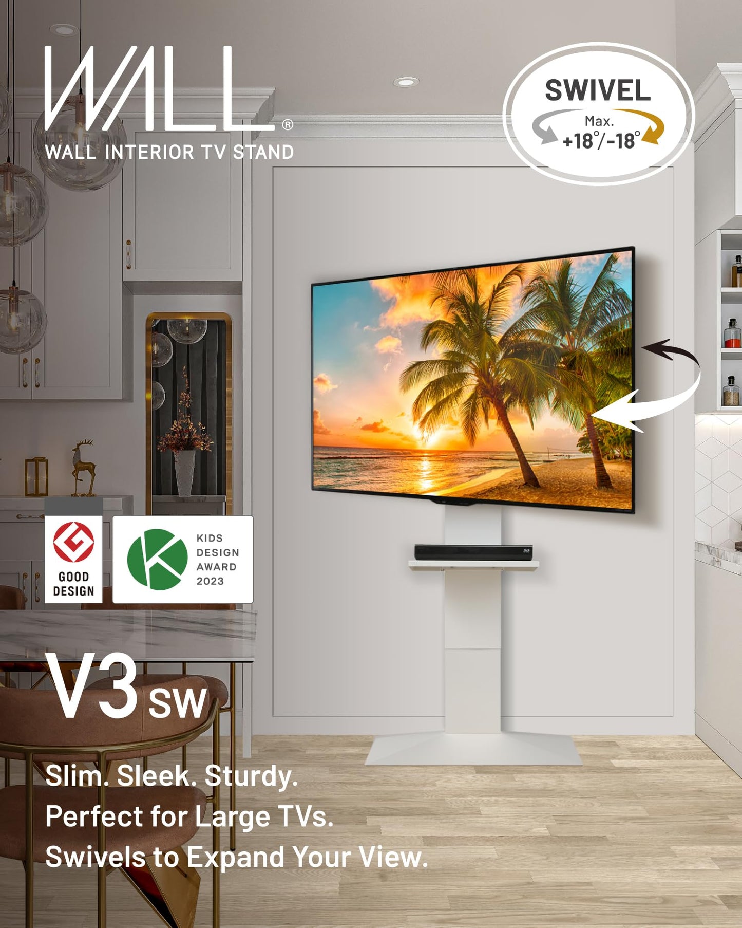 WALL V3SW High Type, Sleek Ultra-Thin Tall TV Stand for 32–80" TVs, Satin White, Swivel Function, Free Standing, Space-Saving Design, for Living Room and Bedroom, No Drill Setup, Japan-Engineered