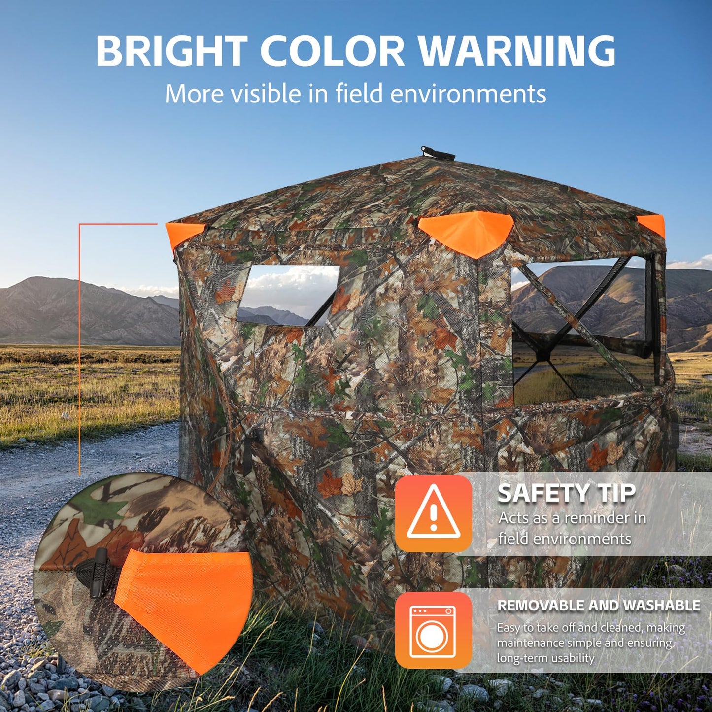 FUNHORUN Hunting Blind 360 Degree See Through Double Door Ground Blind for Hunting, 2/3 Person Pop Up Portable 58" Camouflage Deer/Turkey Tent with Blaze Orange Panels