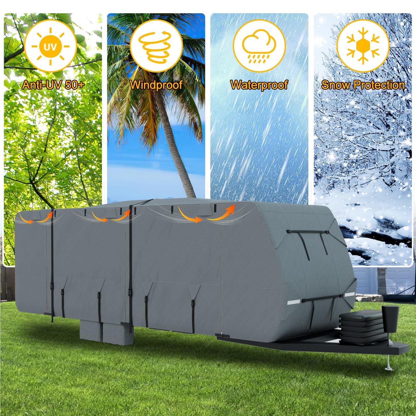 Mofeez Travel Trailer RV Cover, Extra-Thick Upgraded 7 Layers for Camper Cover 24'-27' Windproof Waterproof Rip-Stop RV Covers with Adhesive Repair Patches, 2Pcs Extra Straps & 4 Tire Covers