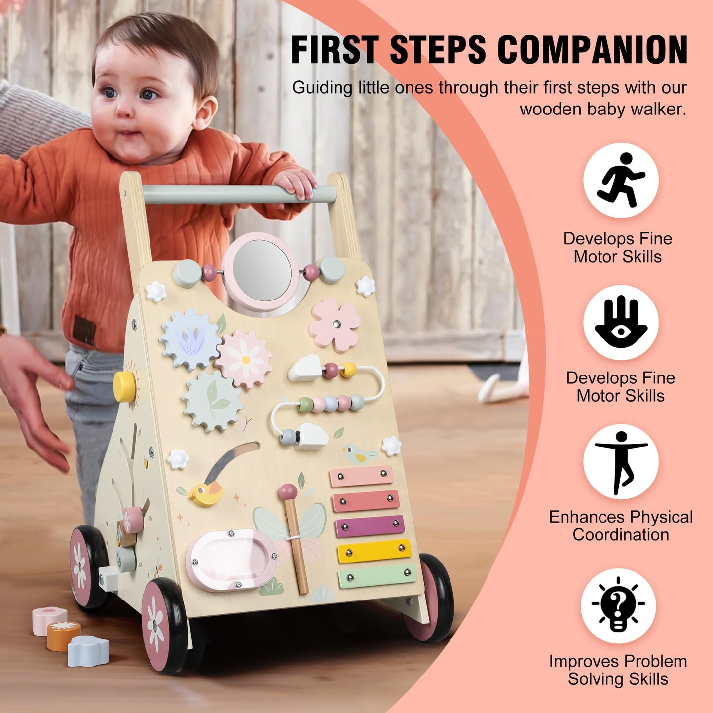 Pithfor Wooden Baby Walker, Baby Push Walker, Push Walker Toys for Babies Learning to Walk & Sit-to-Stand, with Montessori Sensory Toy & Activity Center for Girls Boys