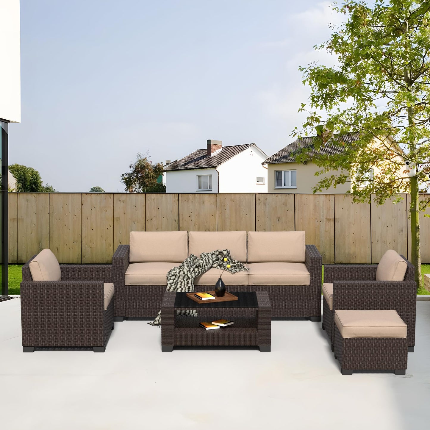 7 Pieces Patio Furniture Set Wicker Outdoor Furniture All-Weather Outdoor Sofa with Thick Cushions & Coffee Table Patio Conversation Set for Lawn, Patio, Balcony, Deck, Poolside, Brown&Beige