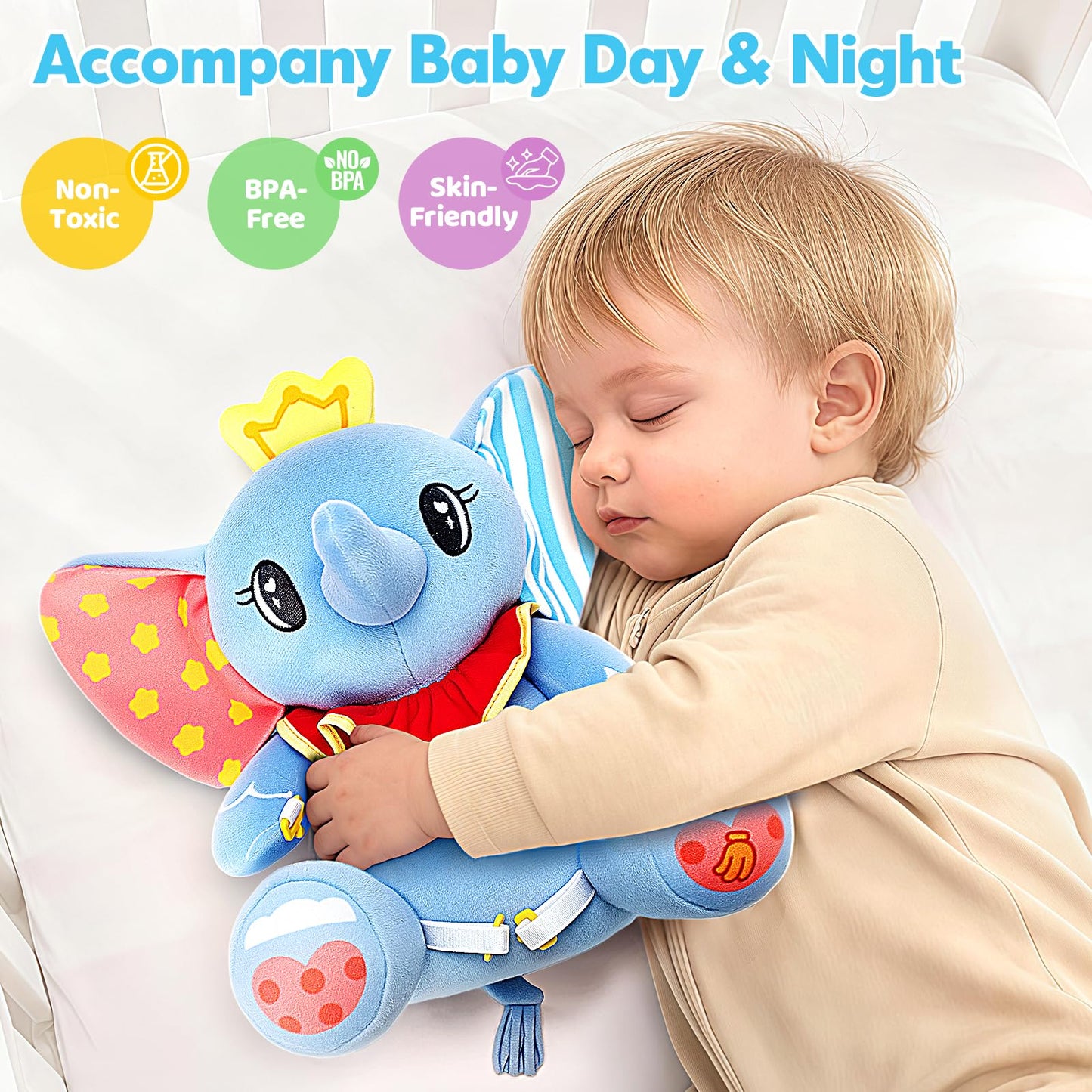 V-Opitos Stuffed Elephant Musical Toys for Baby 6-12 Months+, Early Learning Light up Music Drum, Perfect Christmas Birthday Gifts for Boy & Girl Age 1, 2 Years Old