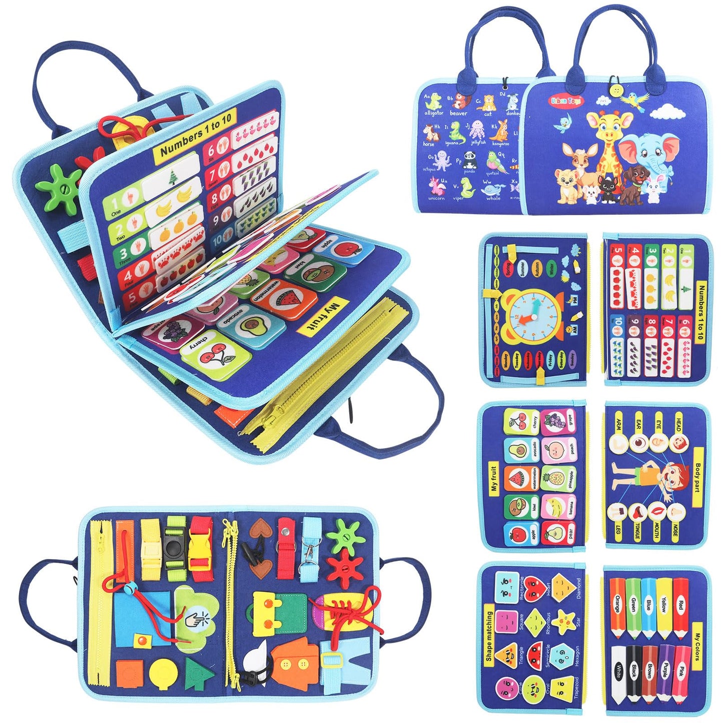 URBAN TOYS Montessori Busy Board - Ideal Busy Book Toddler Toys & Gifts for Boys & Girls, Toddler Travel Essential for Airplane & Car, Sensory Toys, Great for Baby Gifts for Boys