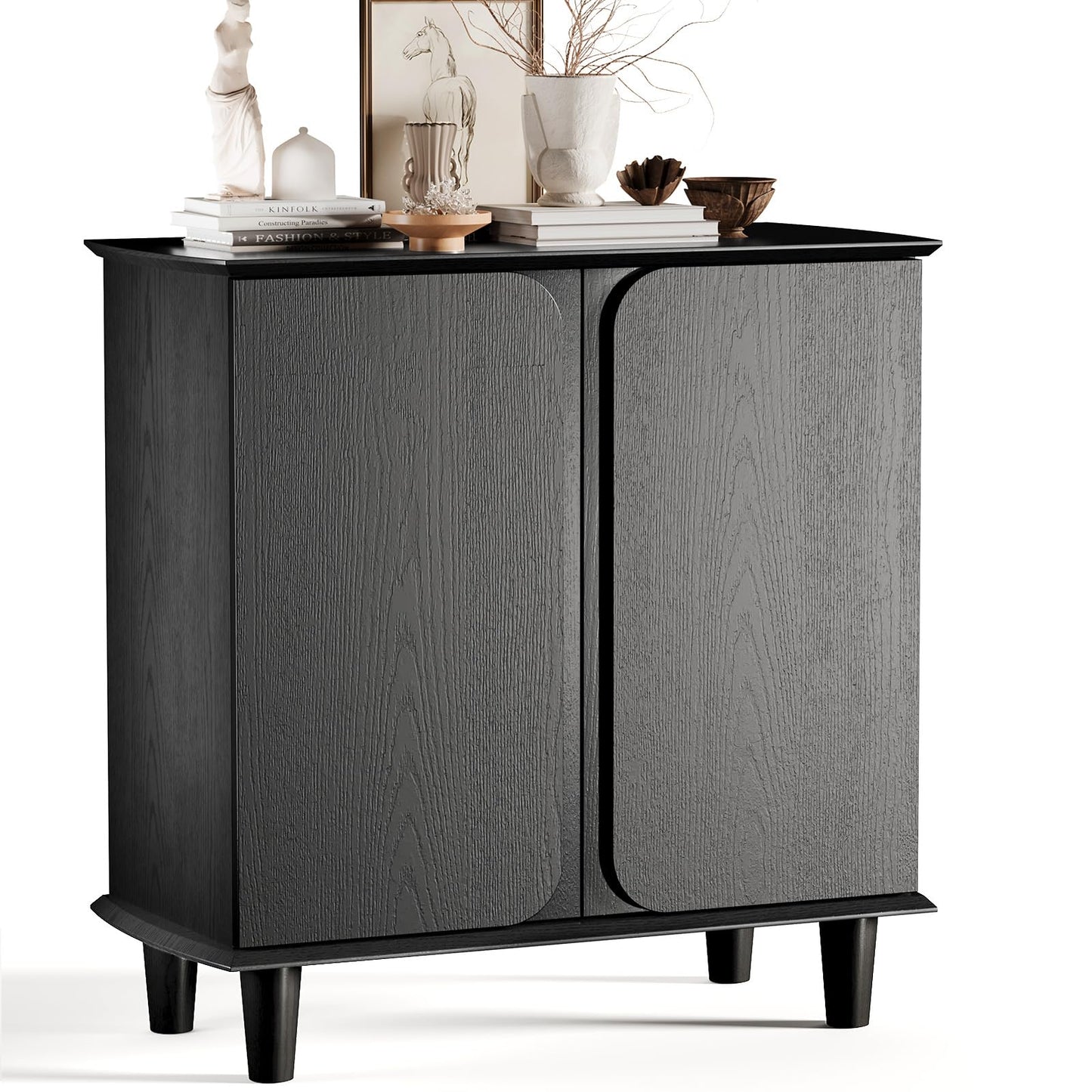 Plamle Curved Edge Sideboard Buffet Cabinet with Storage, Modern Black Freestanding Kitchen Cabinet with Raised Legs and Smooth Paint Finish for Living Room, Entryway, Dining Room