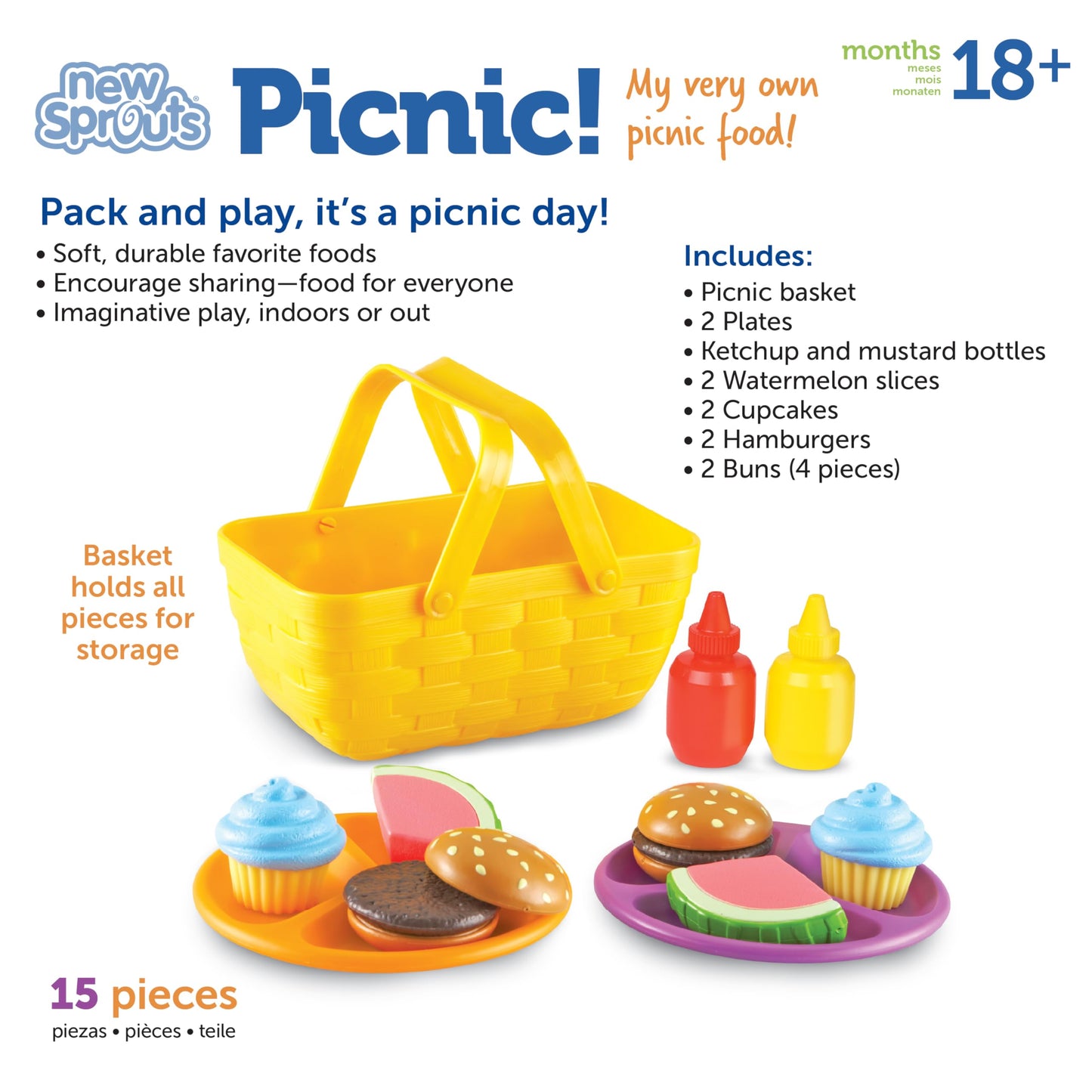 Learning Resources New Sprouts Picnic Set - 15 Pieces, Ages 18+ months Pretend Play Food for Toddlers, Preschool Learning Toys, Kitchen Play Toys for Kids