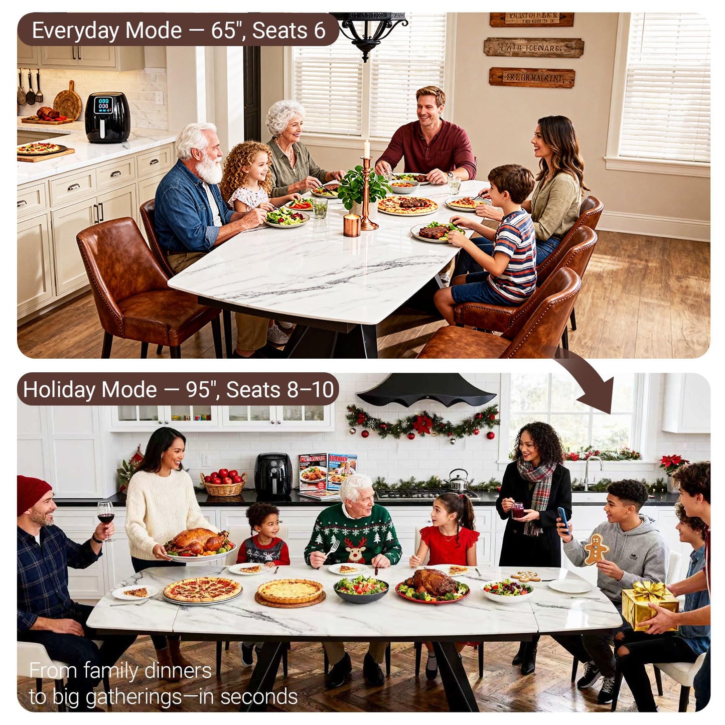Extendable Dining Table with Leaf, 65"-95" Rectangular Sintered Stone, Marble-Look Top, Seats 6-12, Metal Base, Easy-Clean, Heat & Scratch Resistant, Dining Room/Kitchen Table for Family Gatherings