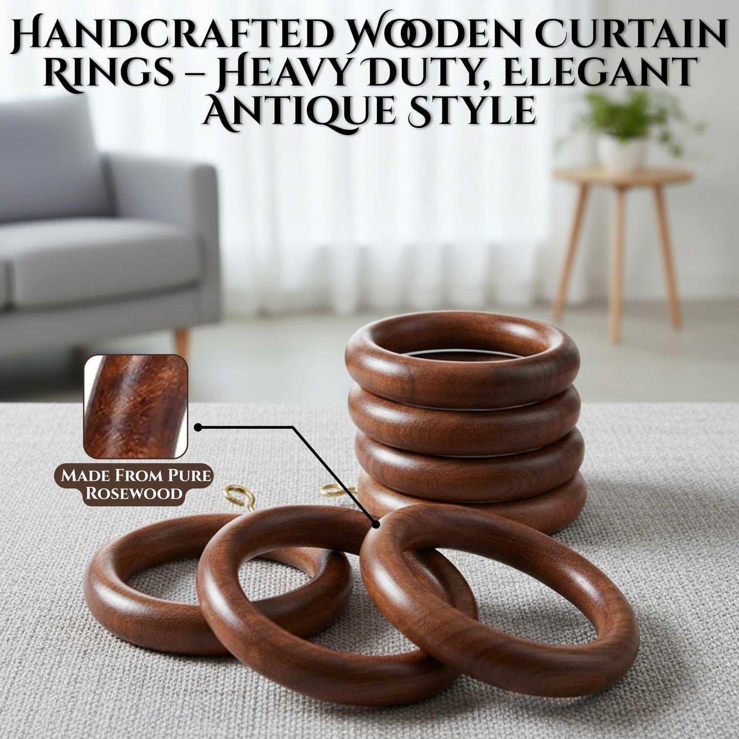 Handmade Classic Wooden Curtain Rings for Window and Door Decoration Wood Drapery Rod Rings for Home Decor-(50 Pcs, Inner Dia : 2.5)