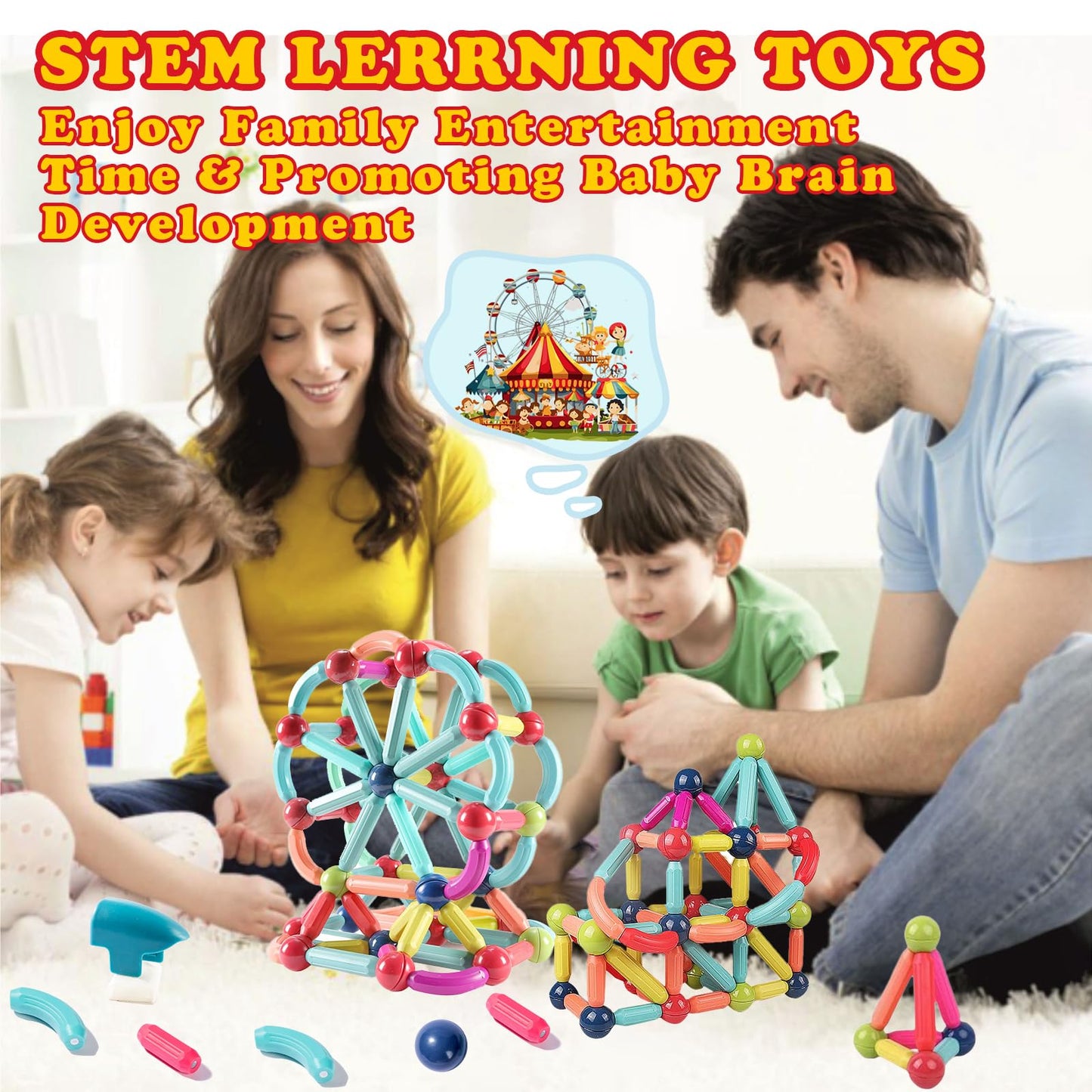Titrot Magnetic Blocks Kids Toys, Magnetic Building Sticks STEM Educational Sensory Toy Preschool Learning Montessori Toys for Toddlers Boys Girls Ages 3-8 with 1 Car