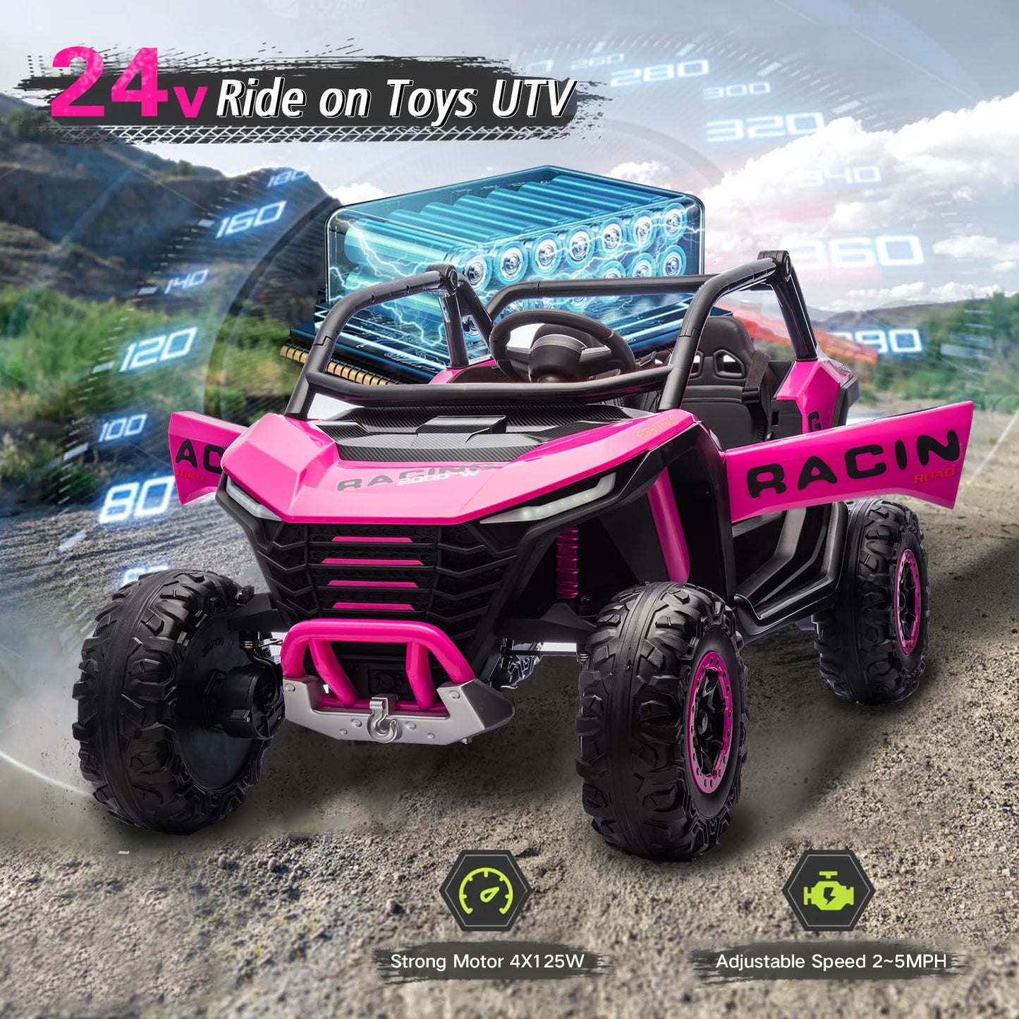 POSTACK 2 Seater Ride on Car with Remote Control, XXL 24V 7Ah 4WD Battery Powered Vehicles for Kids to Drive, Outdoor Riding Toys for Toddlers Boys Girls w/Bluetooth, LED Lights, Pink