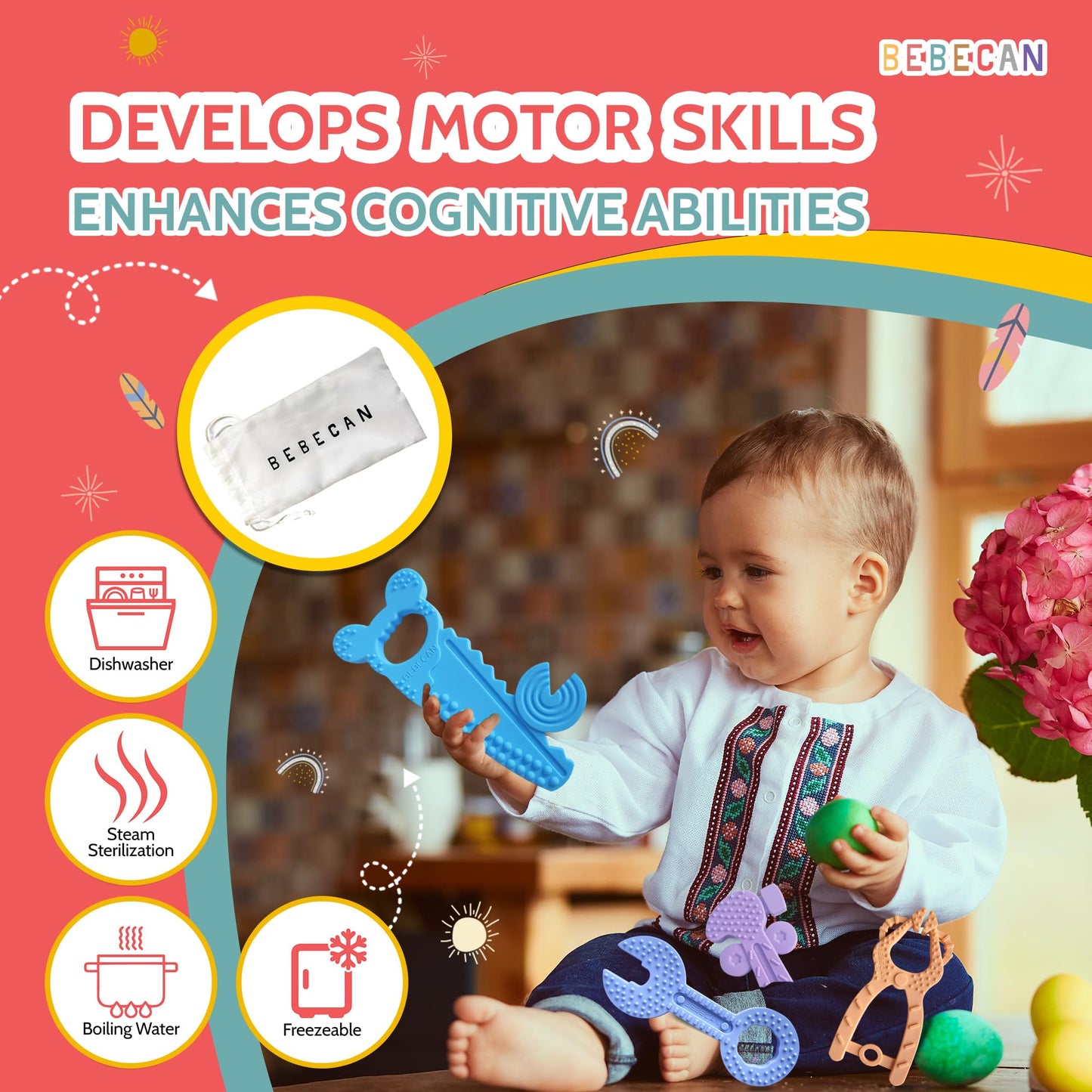 BEBECAN Teething Tools Teether for Baby - 5 Premium Food-Grade Silicone Baby Boy Teething Toys, 2 Straps for Safety and Travel Bag Tool Toys Provide Soothing Relief and Healthy Development.