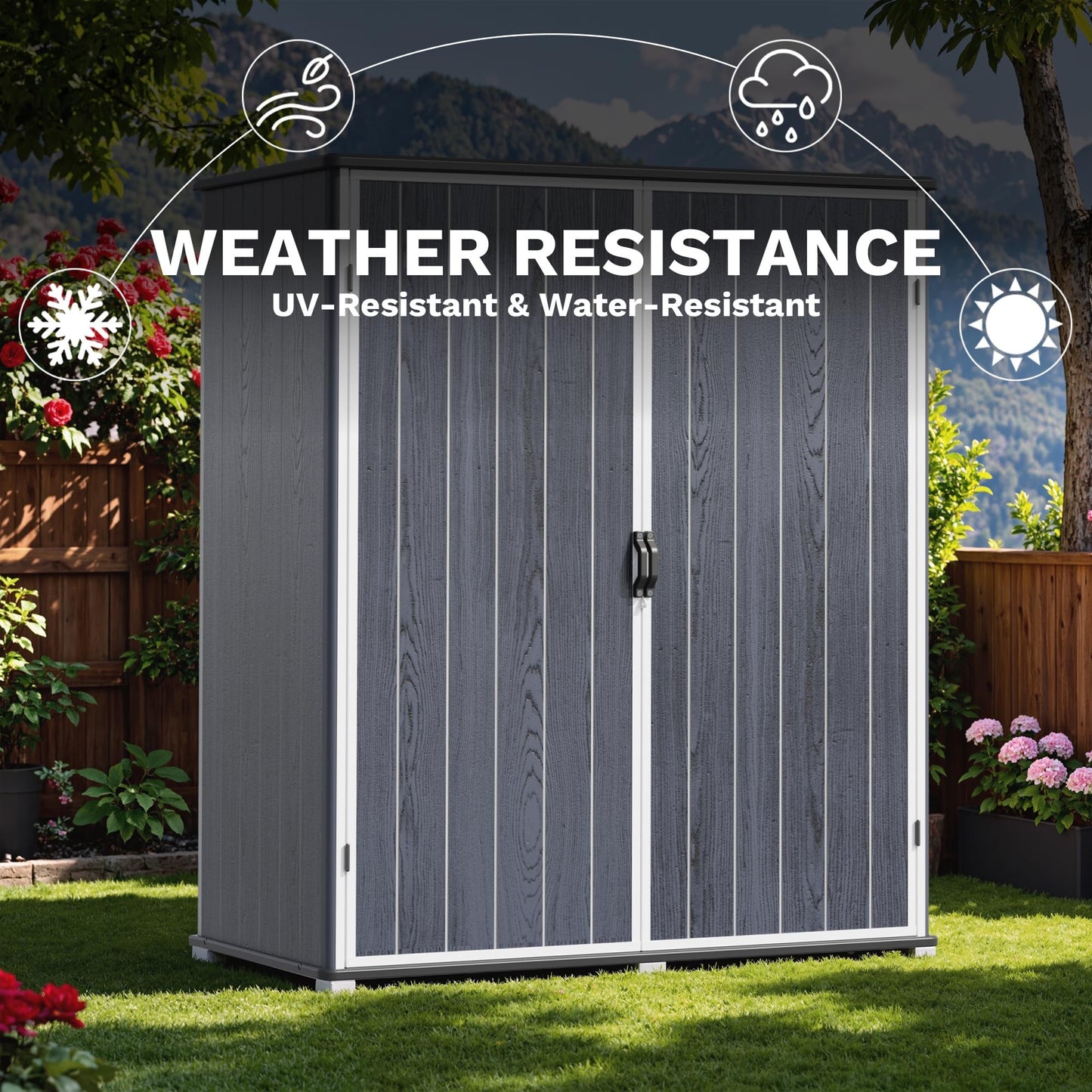 Devoko 5x3 FT Resin Outdoor Storage Shed with Floor, Plastic Outdoor Storage Cabinet, Waterproof Vertical Tool Shed with Lockable Door for Patio, Garden, Backyard, Dark Gray