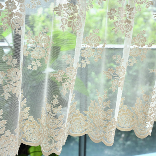 Kotile Beige Lace Valance Curtain for Kitchen Window, Rusitc Floral Vintage Cream Sheer Valance Over Sink 18 Inch Length, Rod Pocket Privacy Short Valance for Windows, 52 x 18 Inch, 1 Panel, Beige
