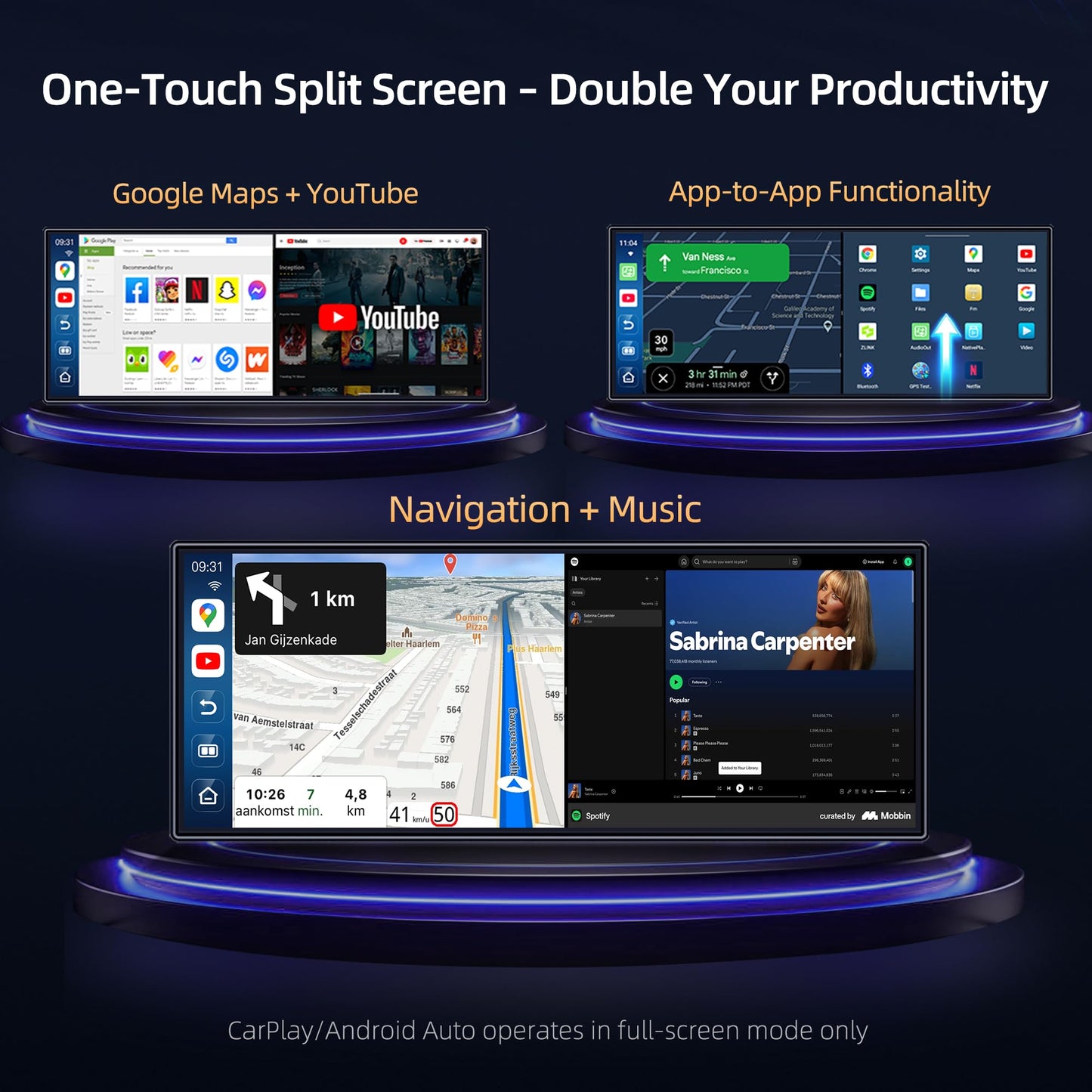 11.4" Carplay Screen for Car with Android OS Built-in GPS Navigation Carplay Android Auto Screen Net-Flix/YouTube/Google Play Car Stereo Split Screen Apps Voice Control Includes 1080P Rear Camera
