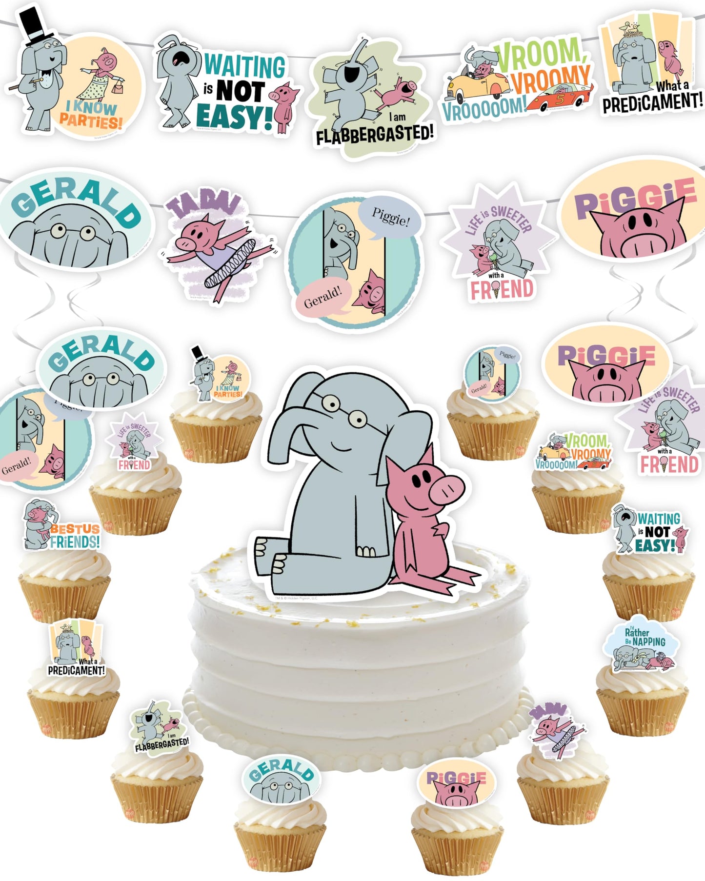 Elephant and Piggie Party Supplies Boy or Girl Birthday Party Decor with 8 Foot Banner, 24 Cupcake Toppers, Cake Topper, 4 Streamers with Gerald and Piggie Book Characters by Mo Willems (Party Set)