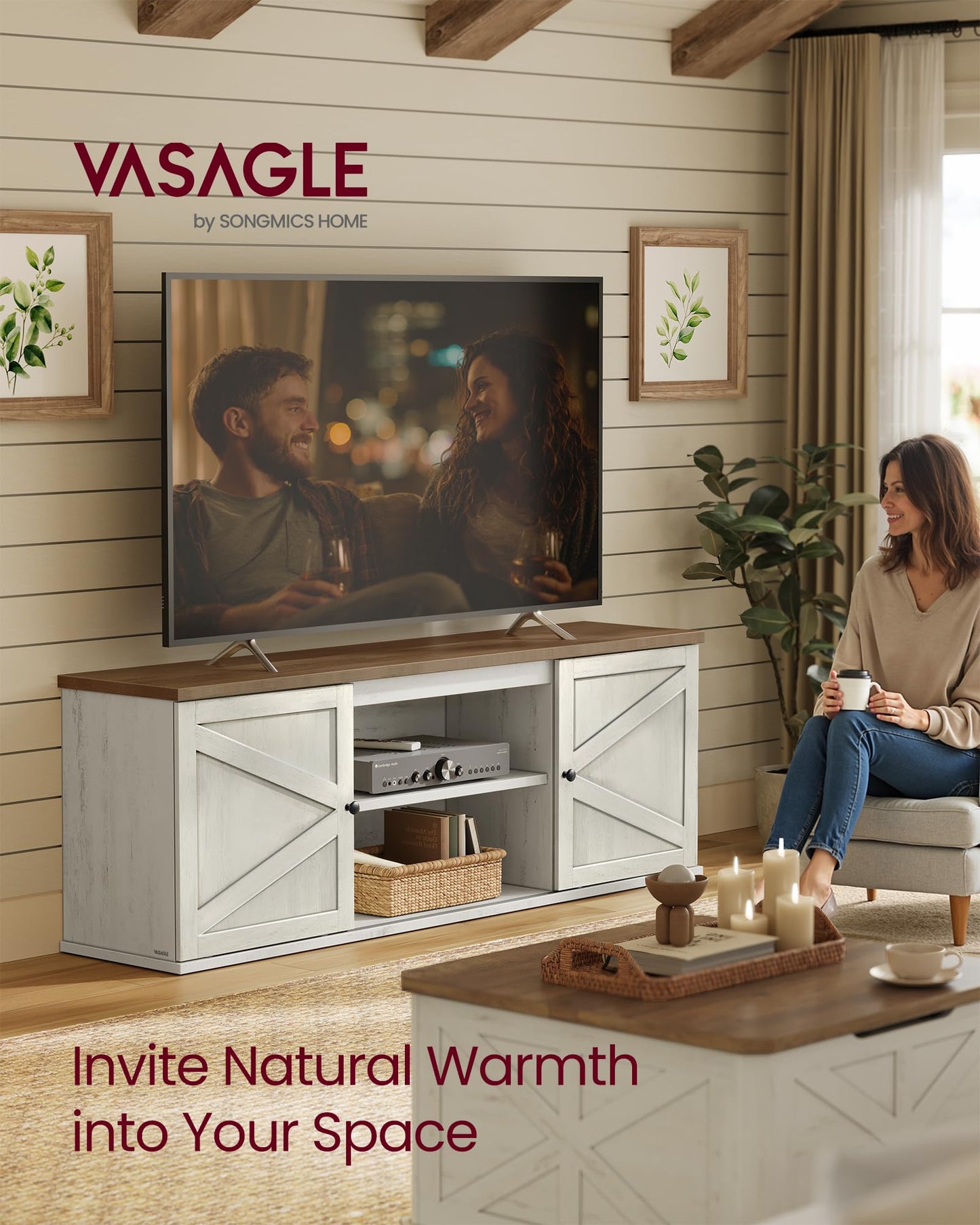 VASAGLE Farmhouse TV Stand for TVs up to 80 Inches, Entertainment Center with Storage Cabinets and Sliding Barn Doors, Media Console Table for Living Room, Rustic White and Honey Brown ULTV537W01