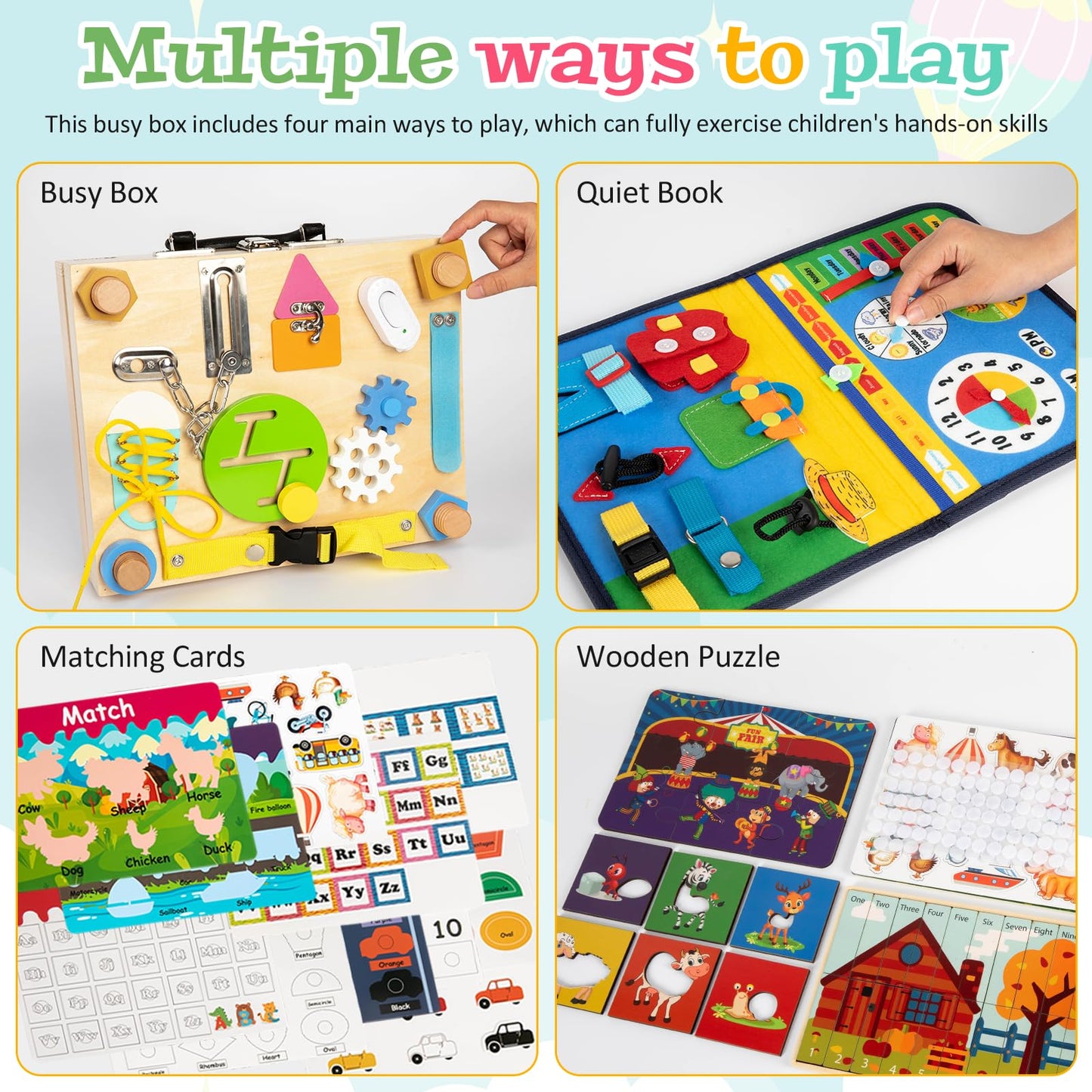 Adena Montessori Busy Board Box for Toddlers 2-4, 6 in 1 Montessori Toys for 1 Year Old with Drawing Board, Quiet Book, Puzzles, Sensory Toys for Fine Motor Skills, Learning Toys for Travel