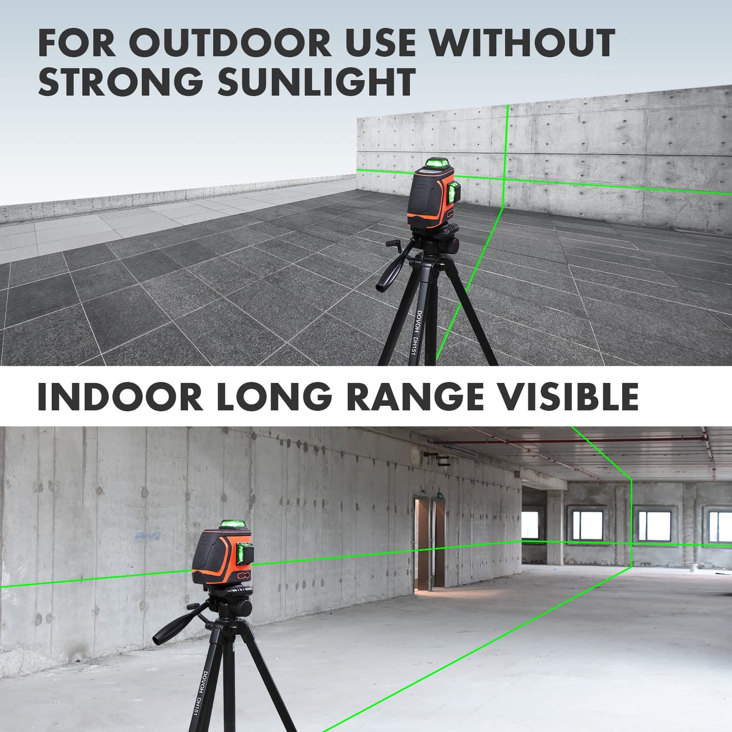 DOVOH High Visibility Laser Level Outdoor: Heavy Duty 3D Laser Level 360 Self Leveling Up To 197ft Long Range for Construction Tiling Framing 12 Line Green Beam, H3-360G