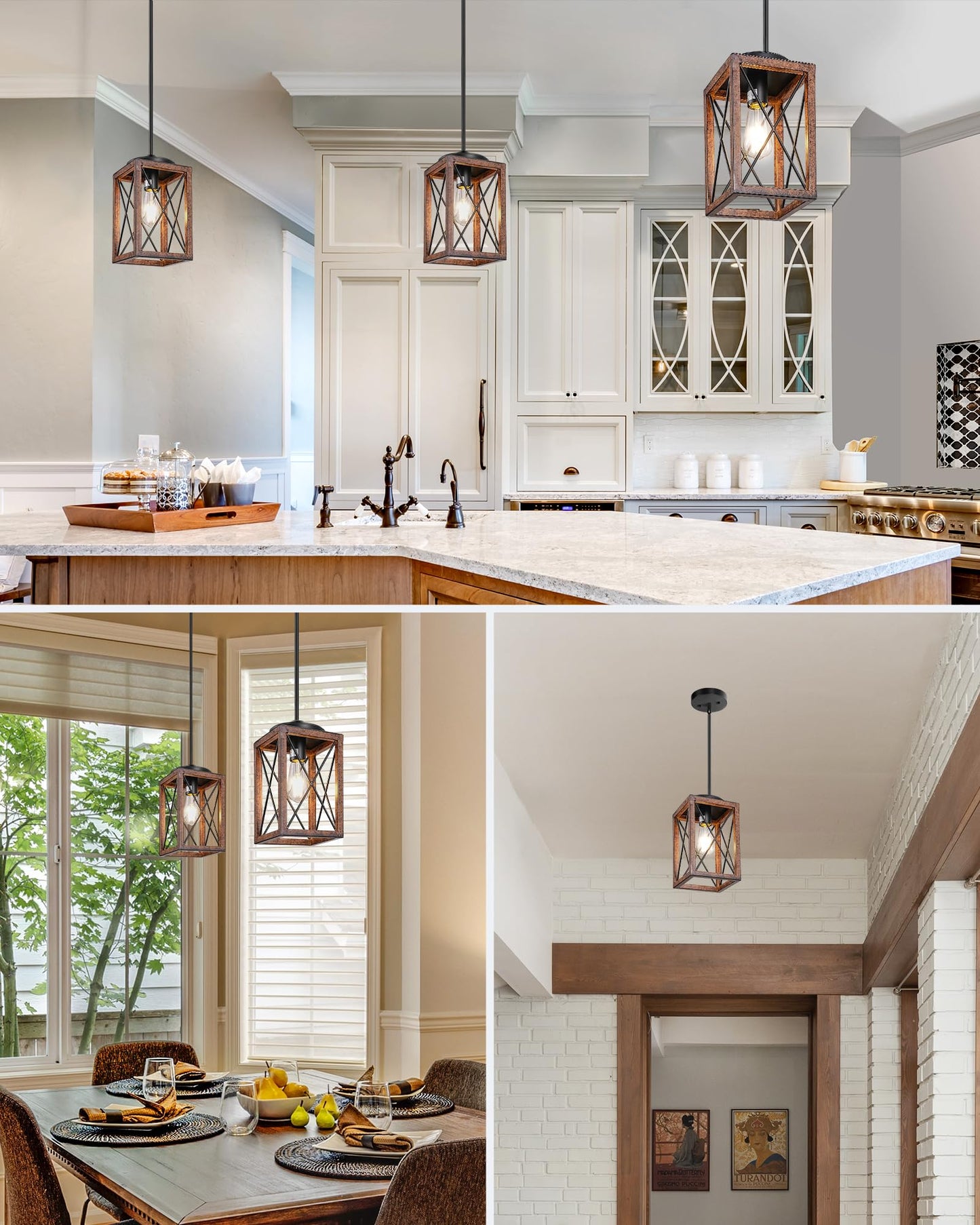 DEWENWILS Farmhouse Pendant Light, Metal Hanging Light Fixture with Wooden Grain Finish, 48 Inch Adjustable Pipes for Flat and Slop Ceiling, Kitchen Island, Bedroom, Dining Hall, E26 Base