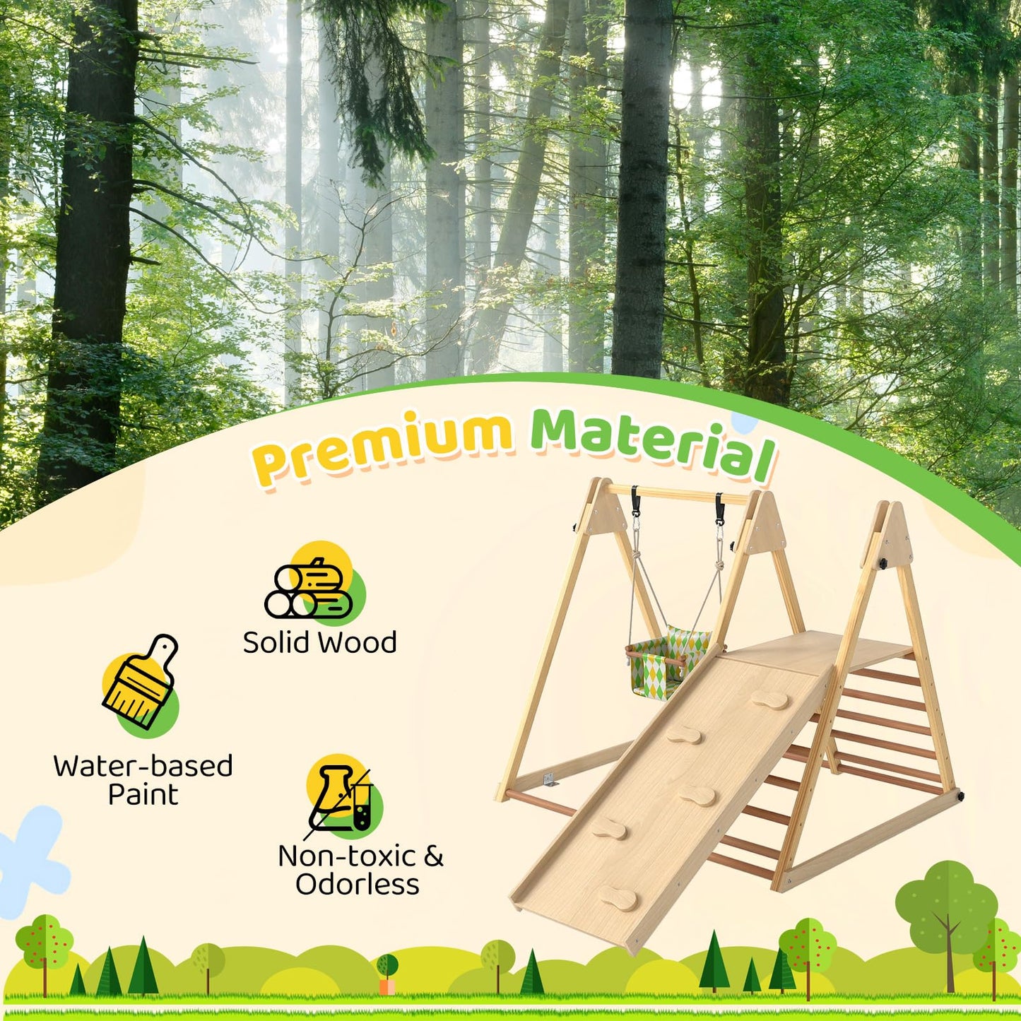 OLAKIDS Indoor Jungle Gym, 3 in 1 Wooden Foldable Montessori Toddler Climbing Toys with Adjustable Baby Swing Ramp Ladder