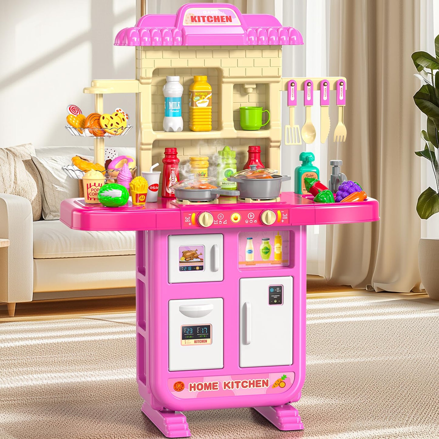 MSKOLER Play Kitchen Playset, Girls Kitchen Toys for Ages 2-6 4-8 with Light, Sound and Spraying, Sink Toy Accessories, Cooking Stoves, Pretend Food for Toddlers 1-3 3-5