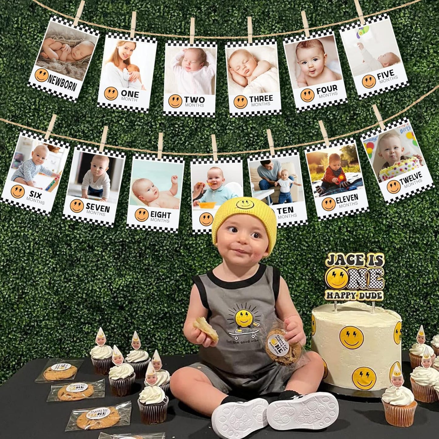 One Happy Dude Baby First Birthday Photo Banner for Newborn to 12 Months Photograph Bunting 1st Birthday Photo Display Garland for Boys Monthly Milestone Party Decor