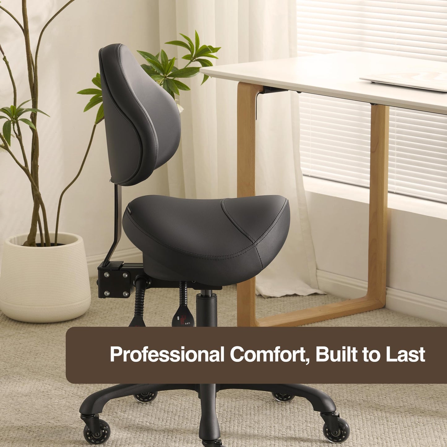 DR.LOMILOMI Pneumatic Swivel Rolling Saddle Chair with Wheels and Ergonomic Back Support for Hair Stylist, Dental Hygienist, Hygienic Clinic, Spa, Massage, Home, Office - 510 KOA (Black, Standard)