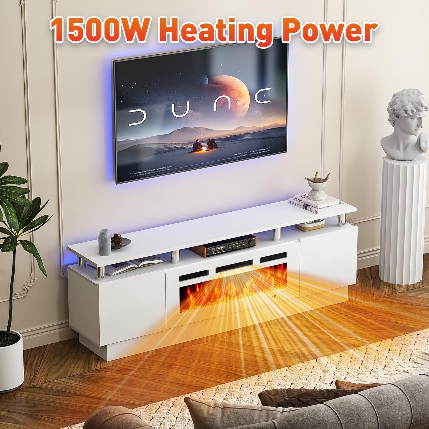MXV 70" Fireplace TV Stand, Modern Entertainment Center & 36 Inch Electric Fireplace with Remote Control, LED Light, Fire Place Tv Stand for Living Room for TVs up to 80", White + White