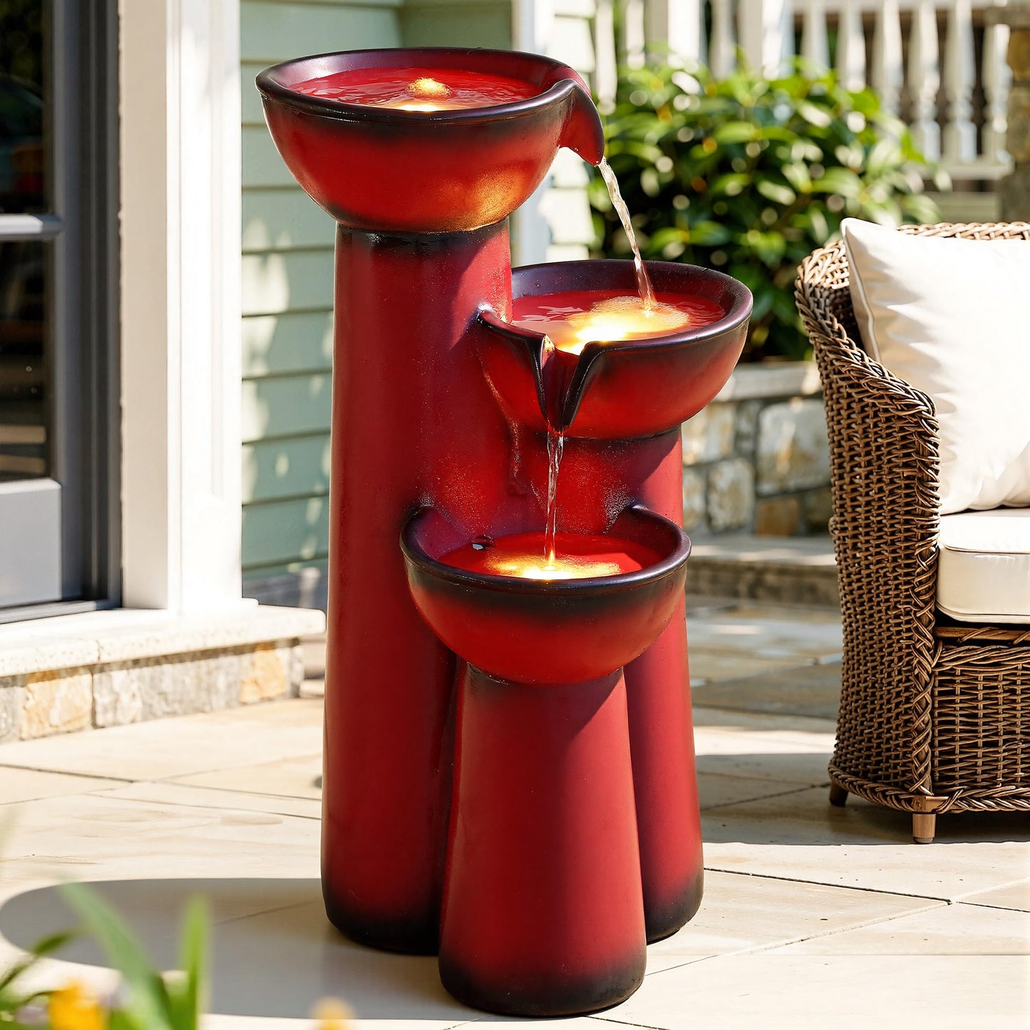 Ultym 27" Outdoor Water Fountain with LED Lights, 3-Tier Cascading Faux Ceramic Column Water Feature with Pump for Garden Patio Backyard, Weather-Resistant Resin Waterfall for Serene Oasis, Red