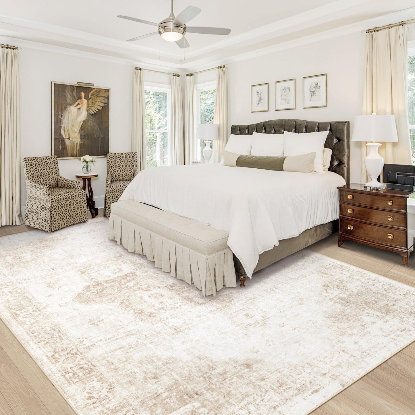 VECARF Area Rug 8x10 Washable Rug, Vintage Boho Medallion Rugs Non-Slip Soft Low Pile Large Distressed Rug Indoor Retro Carpet for Living Room Bedroom Dining Room Home Office (Beige, 8'x10')