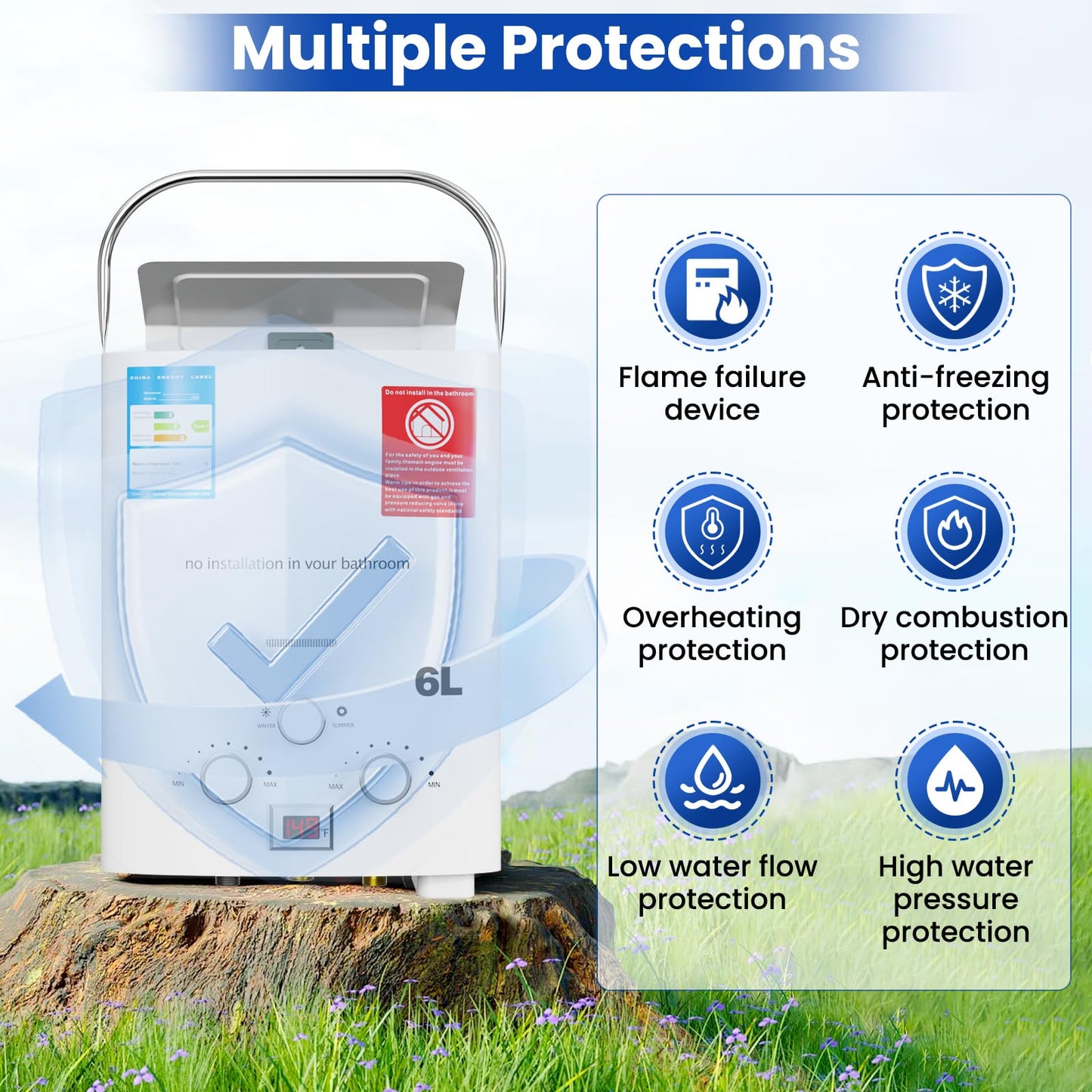 Propane Tankless Water Heater gas, 6L Portable propane shower 1.58 GPM, Outdoor Tankless Camping Water Heater for RV, Cabin, Barn, Camping, Boat, Outdoor Shower