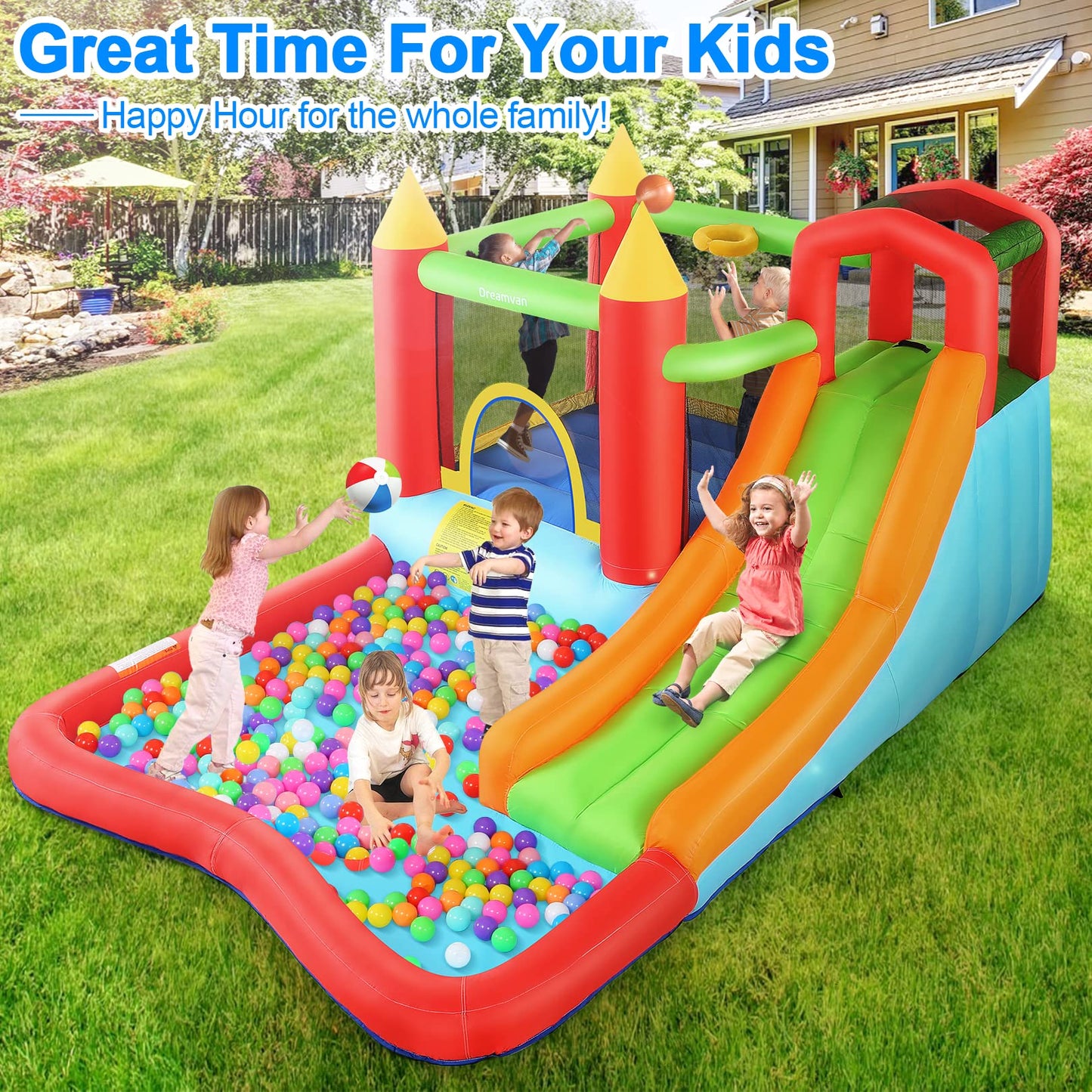 HYPOAI Bounce House,Inflatable Bounce Castle with Blower for Kids 3-12,Outdoor/Indoor Bouncy House Water Park for Backyard with Splash Slide,Climbing Wall,Ball Pit,Jumping Area (146" x 103" x 73")