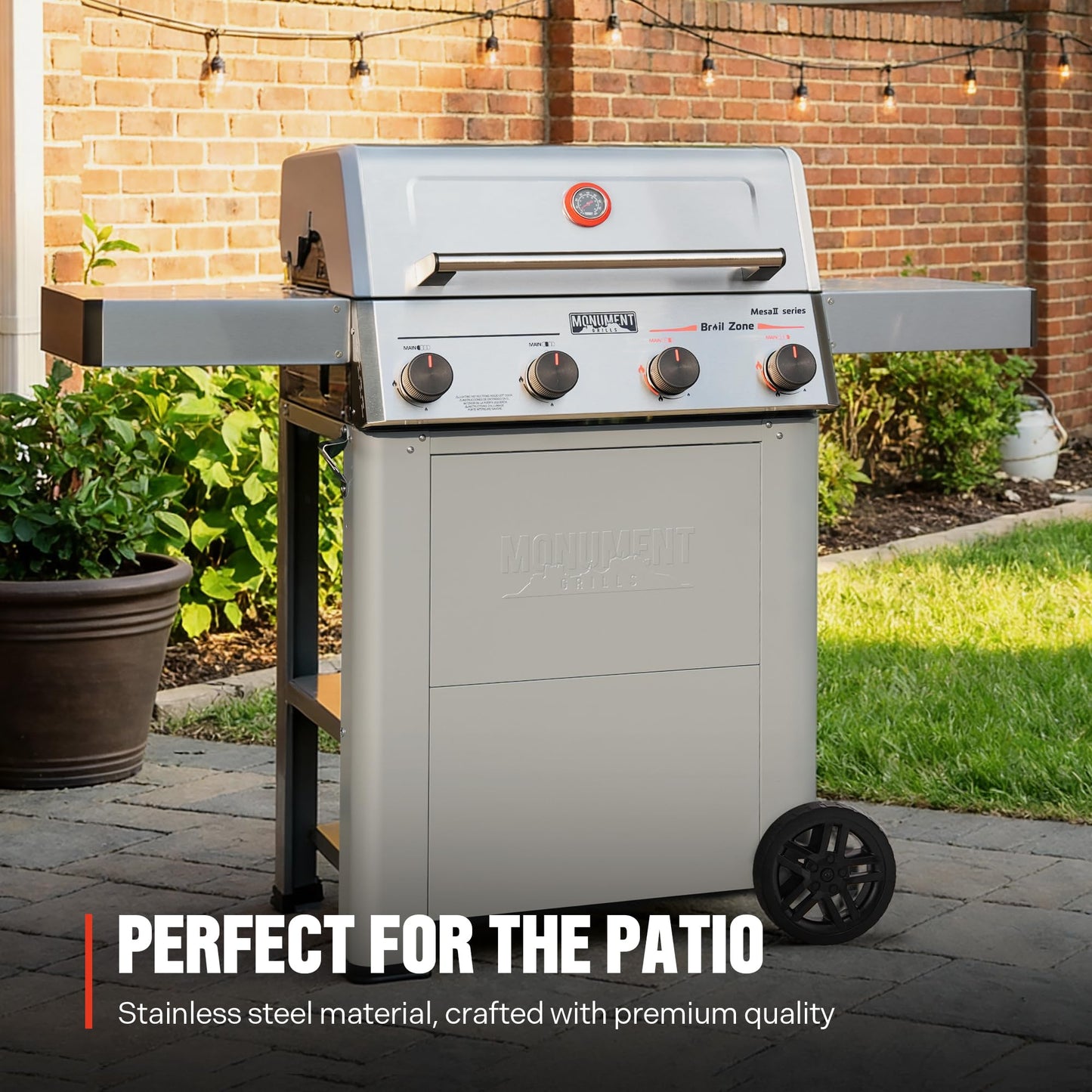 Monument Grills 4 Burner Propane Gas Grill with Advanced Broil Zone, Stainless Steel Outdoor Mesa 2 Barbecue Grill, Foldable Side Shelves, 500°F in 5 Mins, Assembles in 30 Minutes, Mesa II 410FBZ