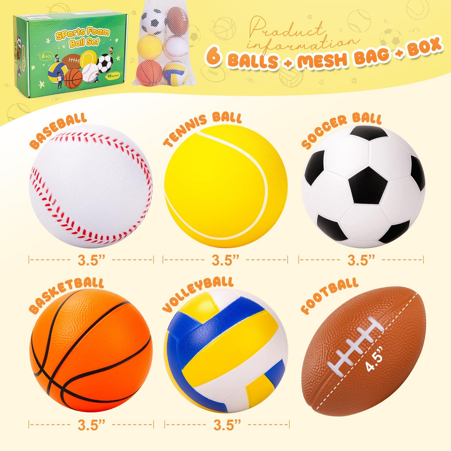 Innotoys Balls for Toddlers Babies, Soft Baby Toys, 6 Pack 3.5" Foam Balls Kids Sports Set, Small Soccer Basketball Baseball Football Volleyball Tennis, Indoor Outdoor Toys Games Gifts for Boys Girls