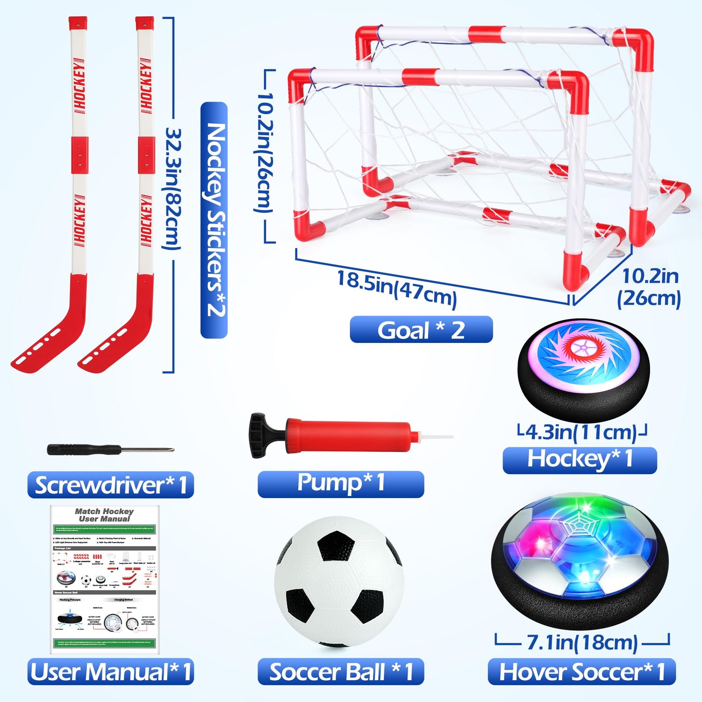 Helsort Hover Soccer Ball Set, Hover Hockey Set for Kids, Air Floating Soccer Toys Hockey Ball with Led Light, Indoor Outdoor Sports Toys & Games, Christmas Birthday Gifts for 3-12 Years Boy Girl