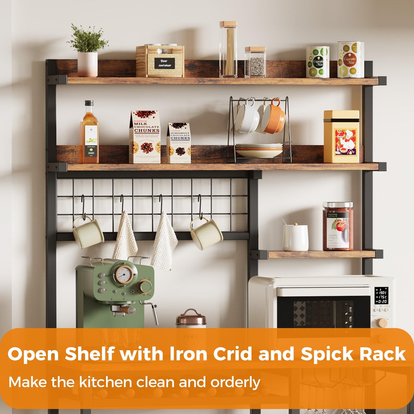 IRONCK Bakers Rack with Power Outlet, 7-Tier Coffee Bar Microwave Stand, Solve Kitchen Clutter with Wine Rack, Wire Basket and Hooks, Rustic Brown