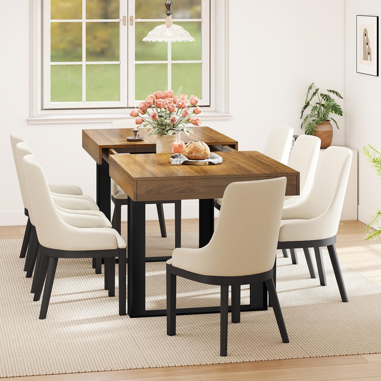 Zevemomo 63"-78.7" Expandable Dining Table, 6-8 Extendable Dining Table, Rectangle Conference Table, Farmhouse Kitchen Table with Slide Track, Tapered U-Shaped Wood Legs for Office, Living Room-Brown
