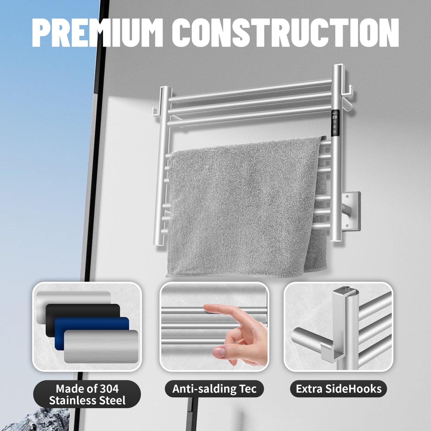 K&KALONZO Towel Warmer for Bathroom, Wall-Mounted 9-Bar Heated Towel Rack with Built-in Timer, Waterproof Electric Towel Heater, Support Plug-in and Hardwired, Brushed, EL13S