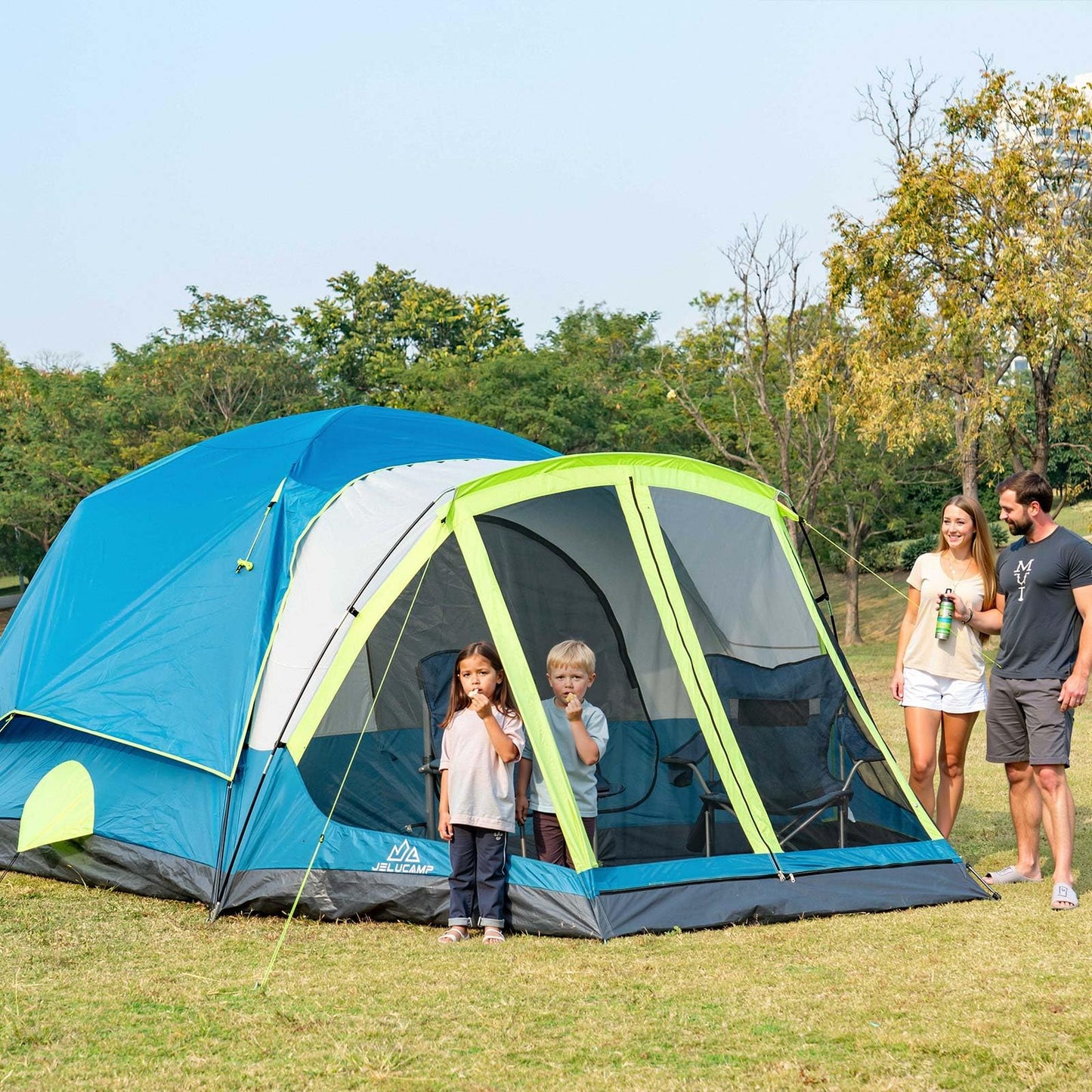 JELUCAMP 6/8 Person Large Waterproof Family Tents for Camping, Screened Camping Tent with Screen Porch, Bug-Free Relaxation & Easy Setup, Includes Rainfly & Carry Bag, Blue