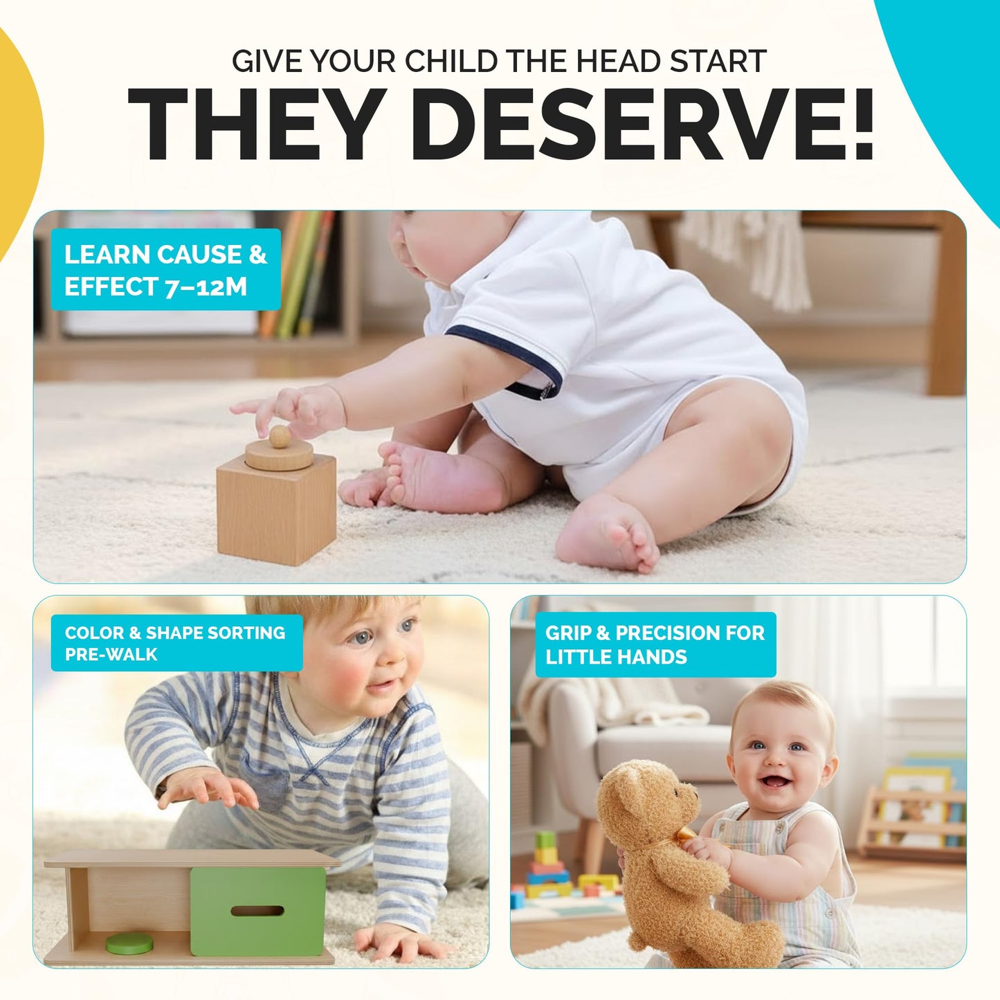 SmileyBubs Montessori Baby Toys 6-12 Months, Montessori Toys for 1 Year Old, Baby Sensory Toys for 6-12 Month Infants - A Sliding Box, Puzzle, Switchboard, Pulling Carrots, Doll, Fruit Flash Cards