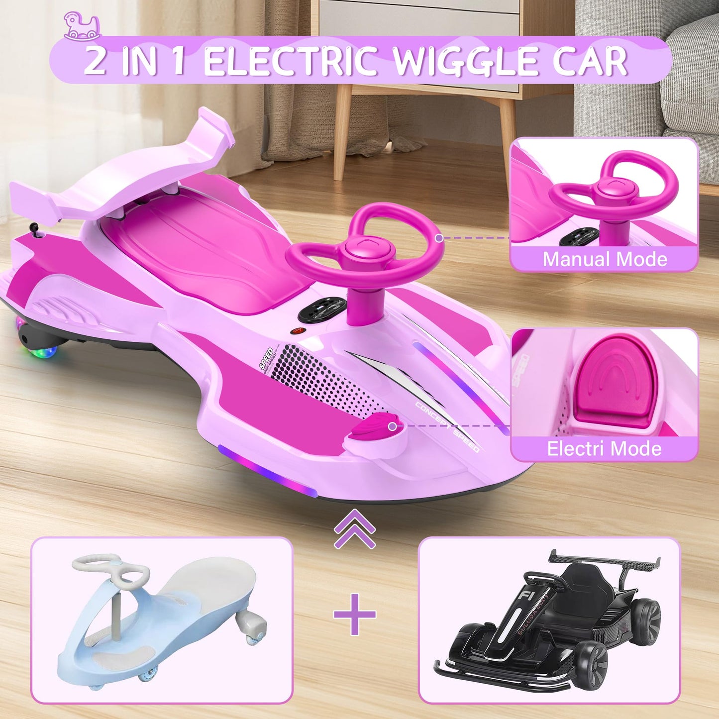 12V Electric Wiggle Car with Pedal for Kids, Rechargeable 2 in 1 Swing Car, Drifting Ride On Toys with Backrest, Anti-Rollover, Spray, Flashing Light, Music, for Ages 3 and Up (Pink)