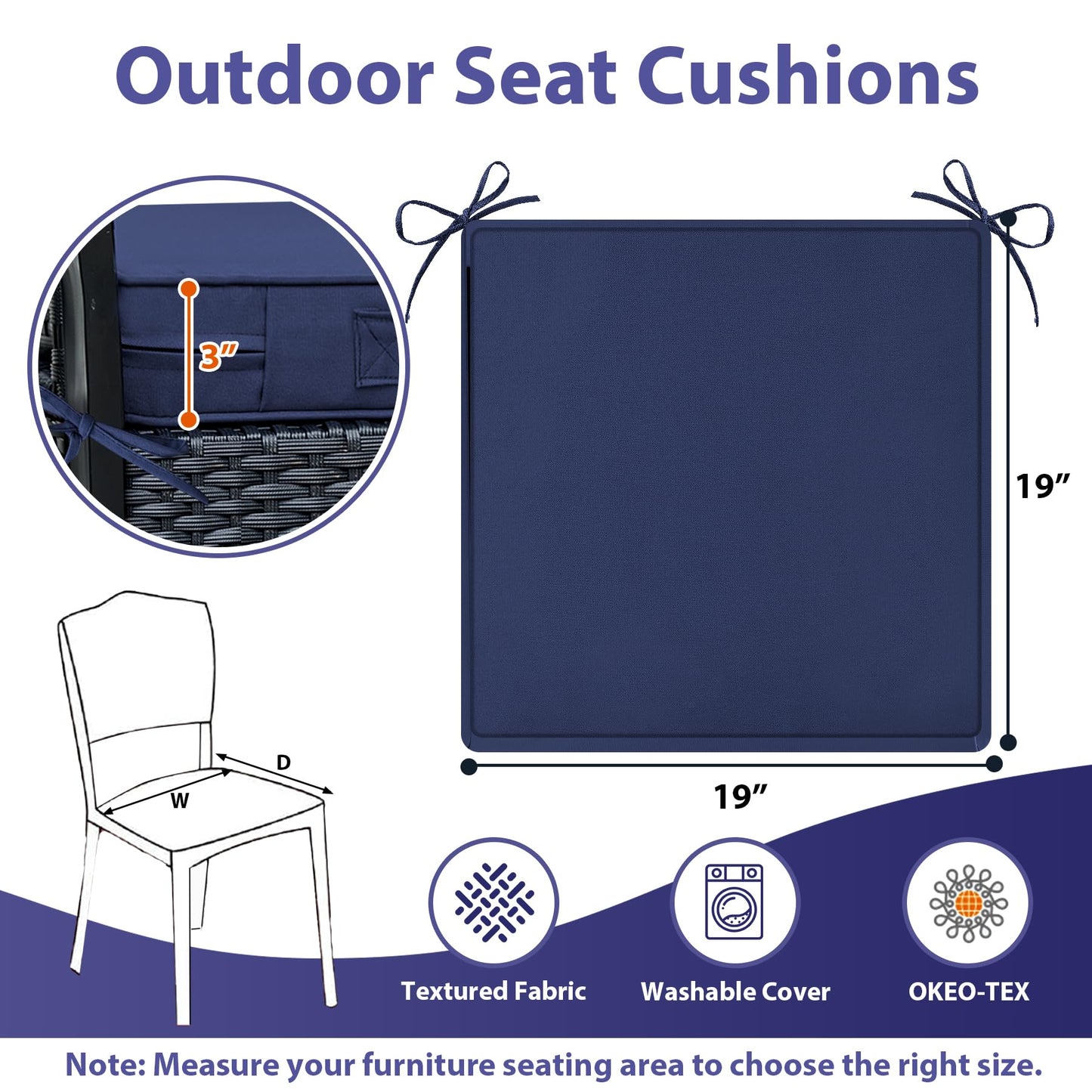 IPYNBAP Outdoor Chair Cushions Set of 4 -Waterproof Outdoor Seat Cushions for Patio Furniture, Patio Chair Cushion with Handle and Ties, Square Out Door Chair Pads,19" x 19" x 3", Navy Blue