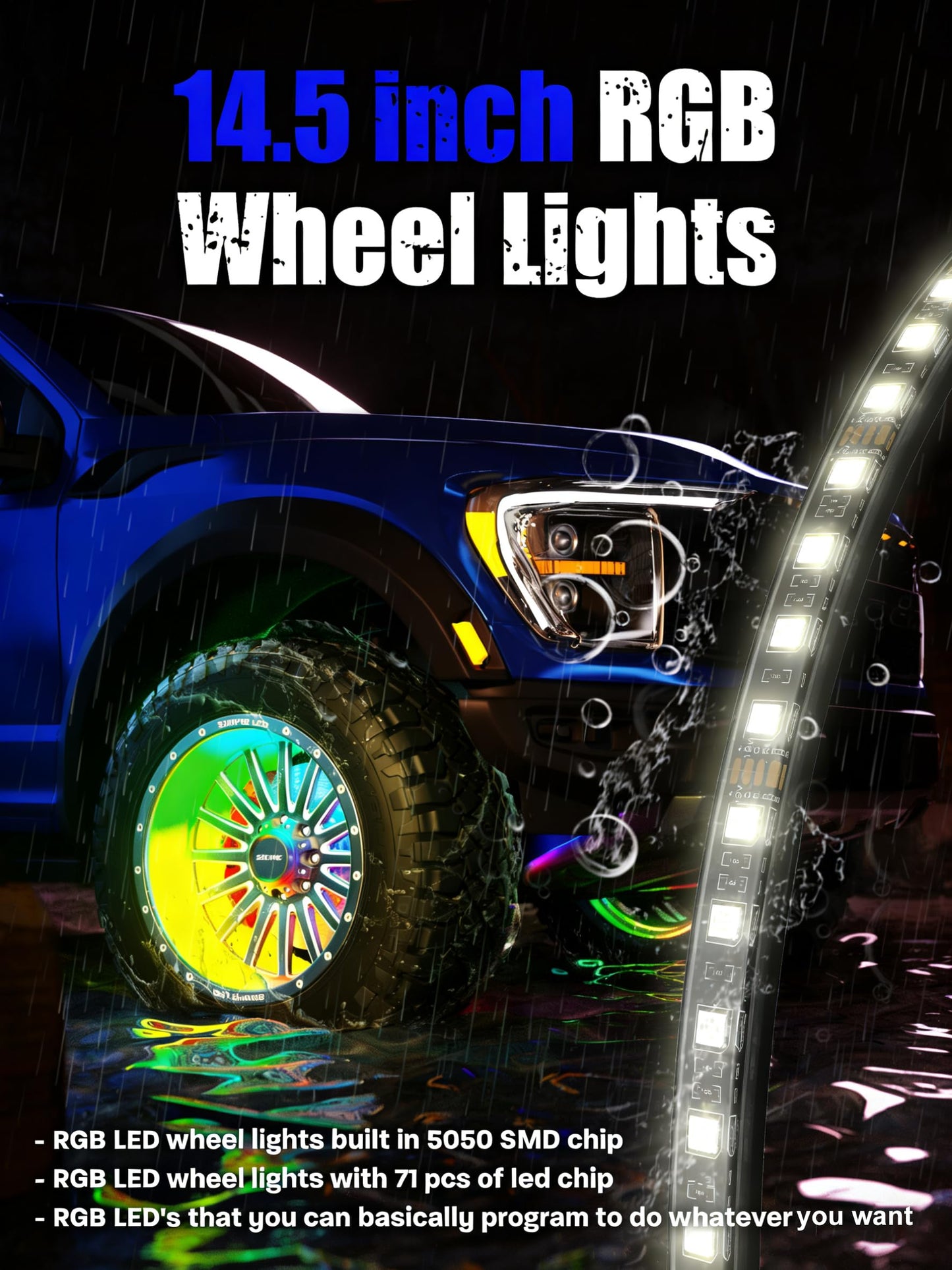 SUNPIE Wheel Lights RGB Wheel Light for Truck Universal 14.5’’ RGB Rim Light for Car/SUV - Wheel Well Ring Lights with Sequential and Multi-Color for All Vehicles, Including Instruction Manual