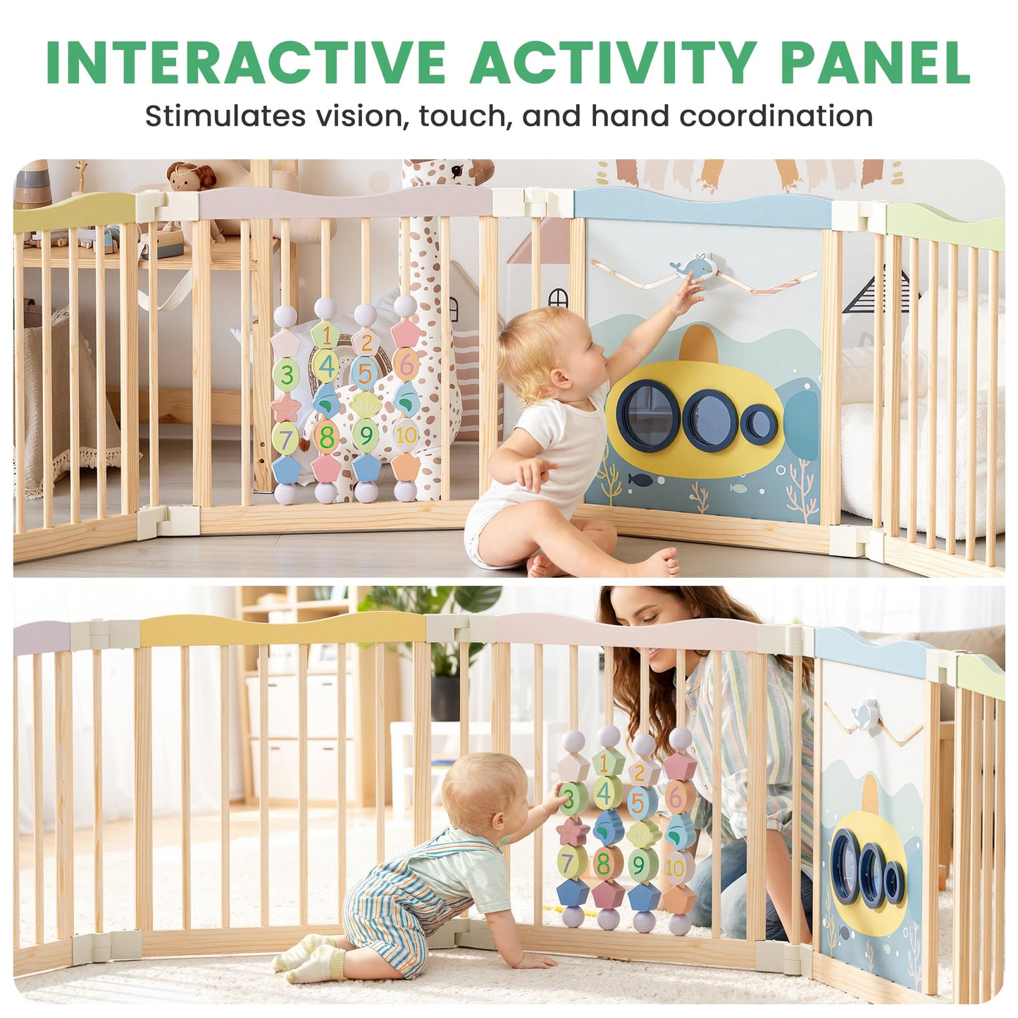 Foldable Wooden Playpen - Adjustable Wood Baby Play Yard with Child-Proof Lock, Indoor Large Safety Fence for Babies and Toddlers - Easy Assembly, 55 x 55 x 24 inches, Ocean Adventure, Colorful
