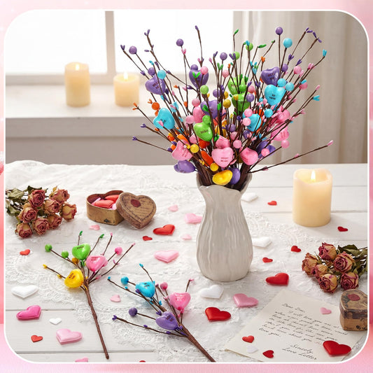 Suncalla 12 Pcs Valentine's Day Decorations Conversation Hearts Picks and Spray Colorful Artificial Flowers Berry Stem Heart Shaped Branches for Gifts Wedding Candlelight Dinner Anniversary Home